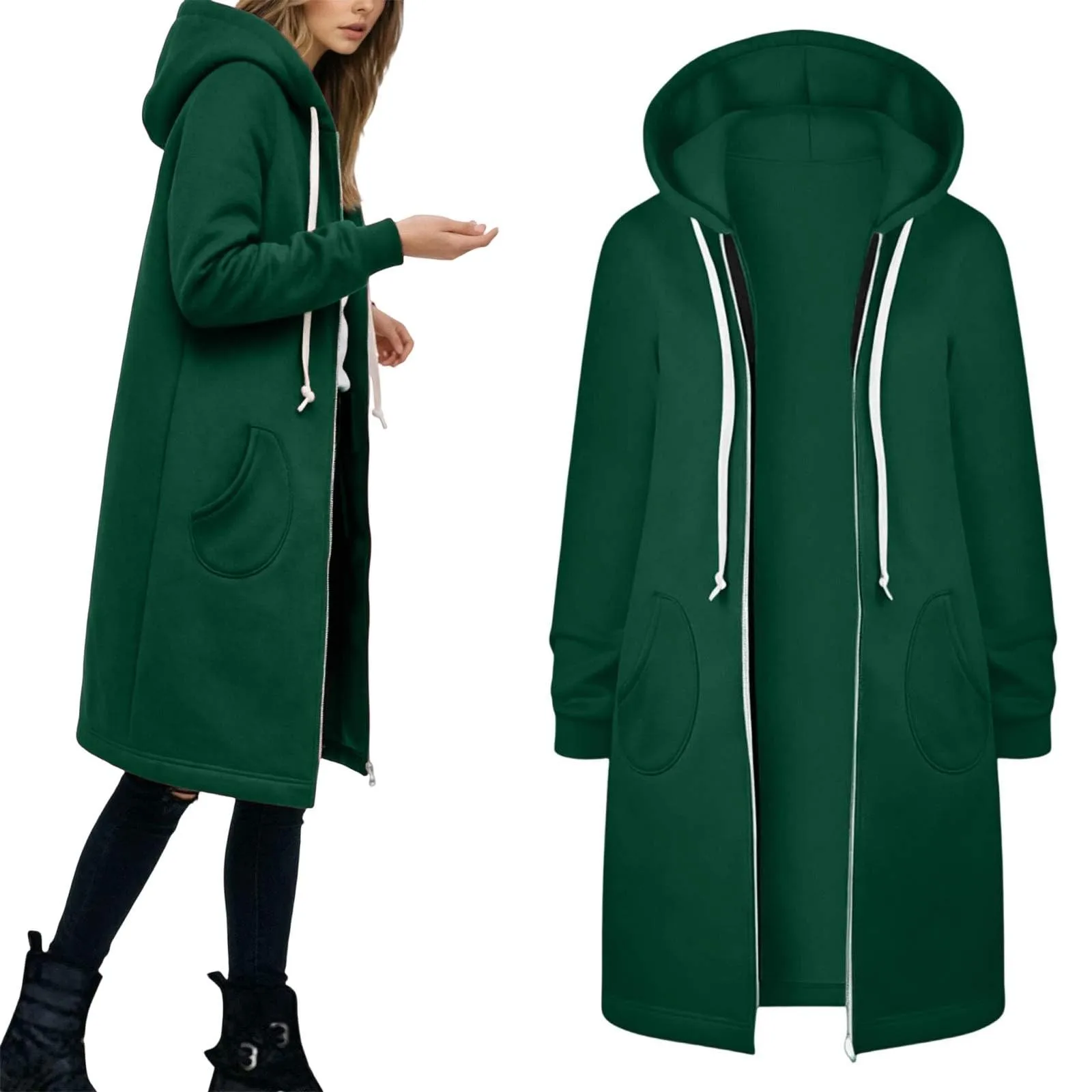 Generico Felpa Lunga Donna con Cappuccio Zip Tasche, Pile Morbido Stile Y2k Casual Autunno Inverno Monopinta - immagine 2