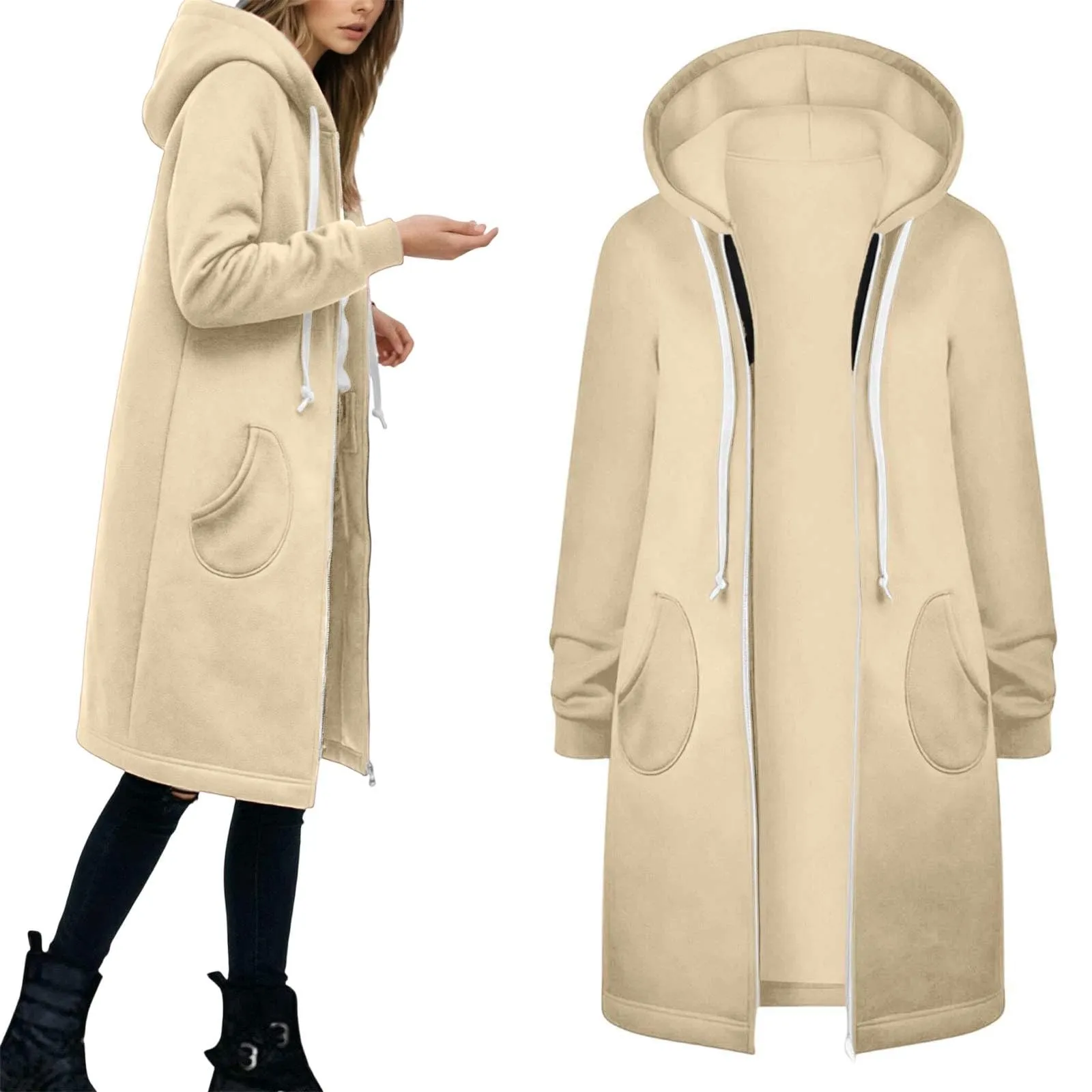 Generico Felpa Lunga Donna con Cappuccio Zip Tasche, Pile Morbido Stile Y2k Casual Autunno Inverno Monopinta - immagine 1