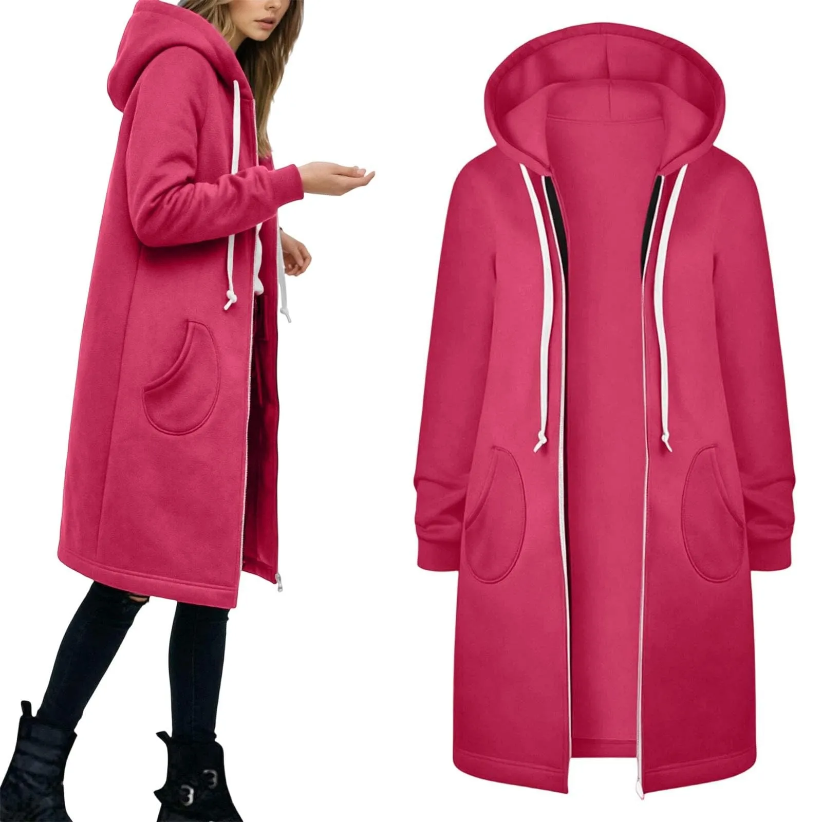 Generico Felpa Lunga Donna con Cappuccio Zip Tasche, Pile Morbido Stile Y2k Casual Autunno Inverno Monopinta - immagine 1