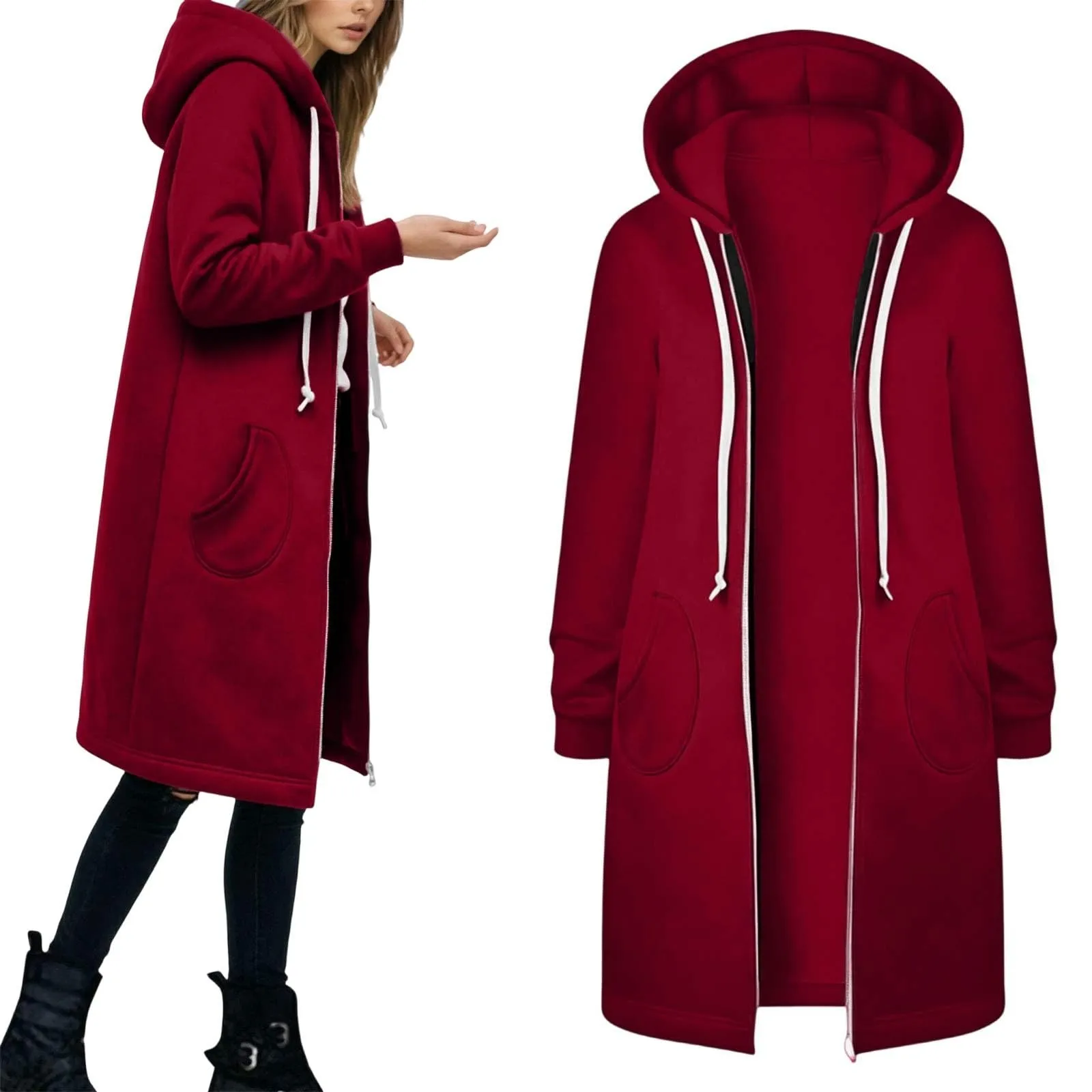 Generico Felpa Lunga Donna con Cappuccio Zip Tasche, Pile Morbido Stile Y2k Casual Autunno Inverno Monopinta - immagine 2