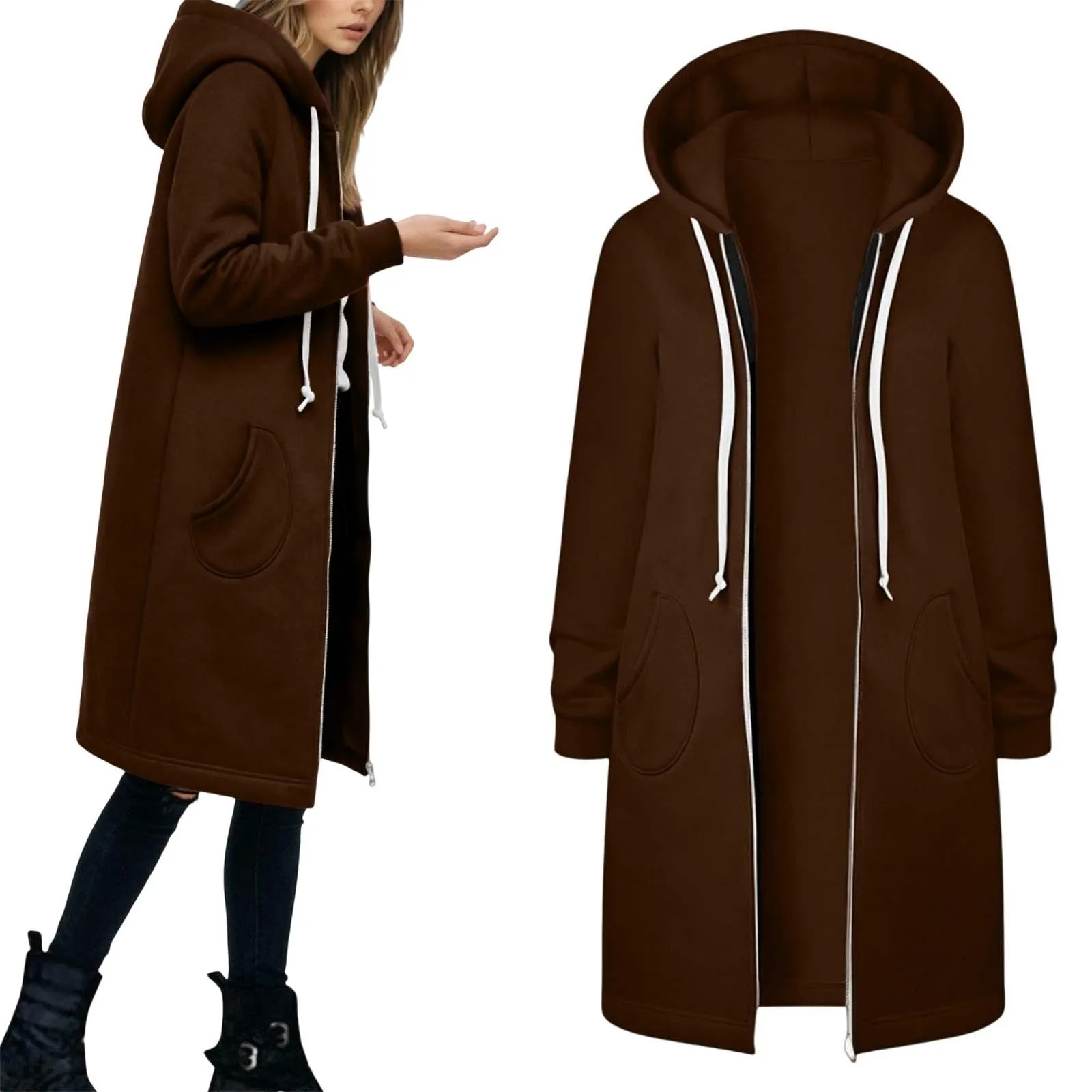 Generico Felpa Lunga Donna con Cappuccio Zip Tasche, Pile Morbido Stile Y2k Casual Autunno Inverno Monopinta - immagine 2