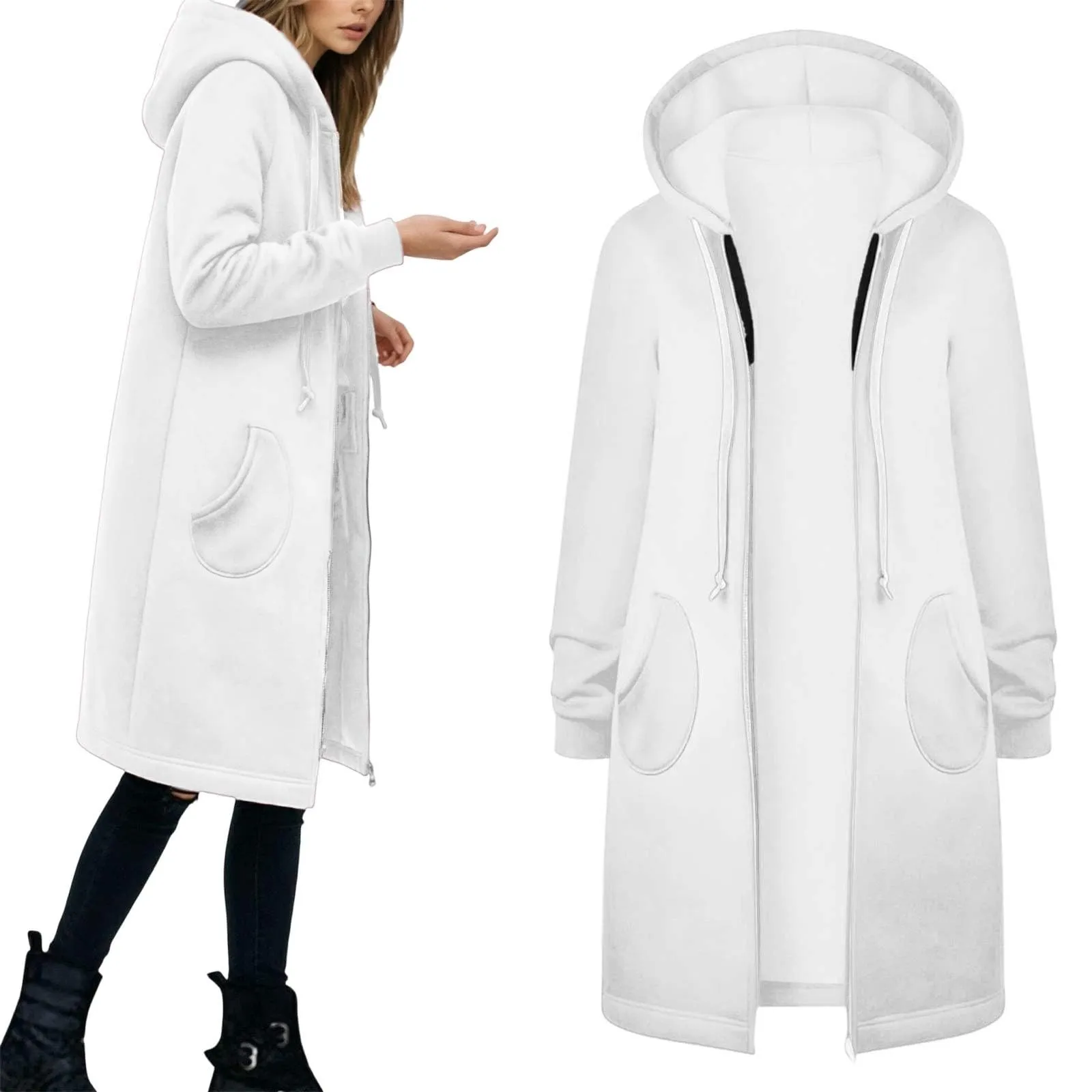 Generico Felpa Lunga Donna con Cappuccio Zip Tasche, Pile Morbido Stile Y2k Casual Autunno Inverno Monopinta - immagine 1