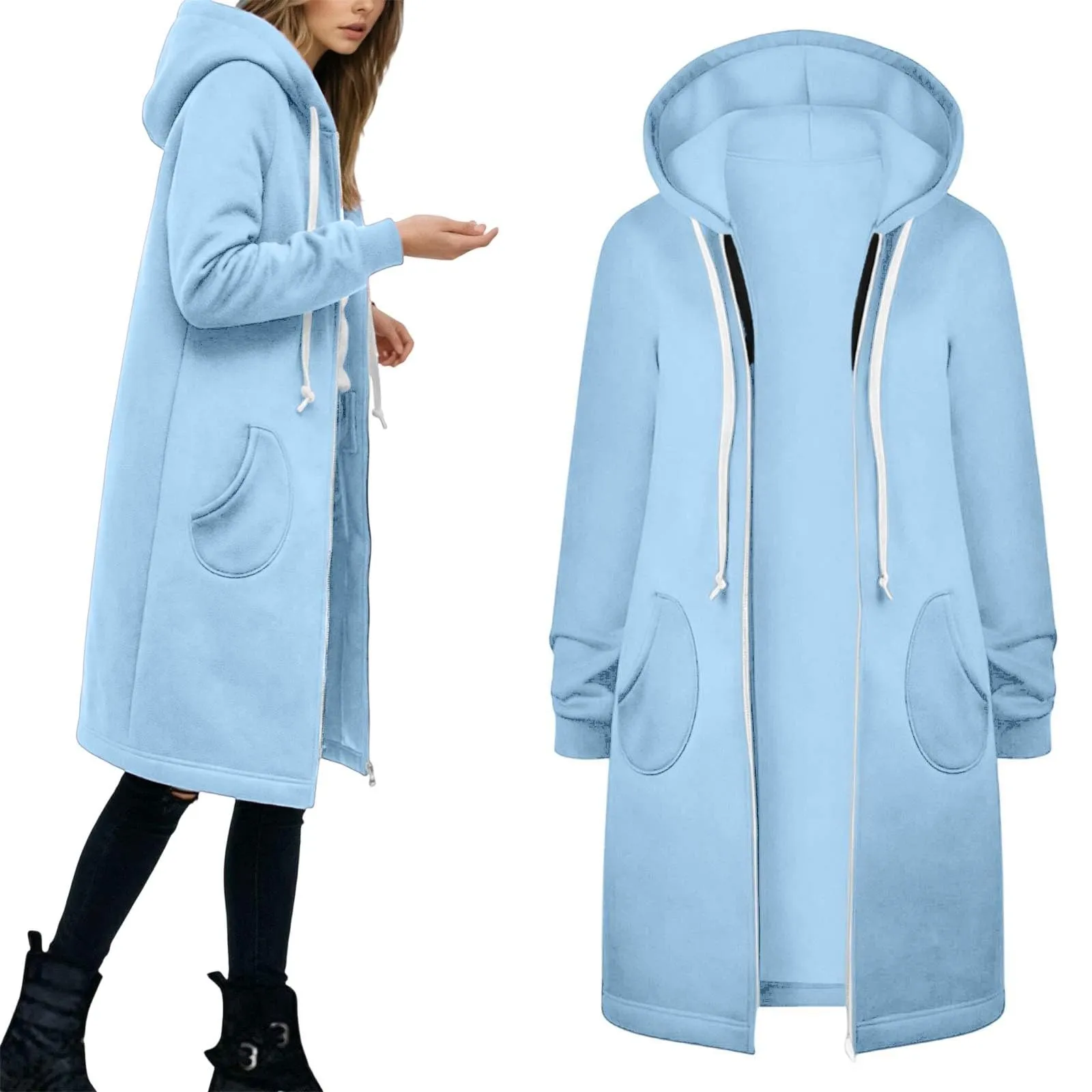 Generico Felpa Lunga Donna con Cappuccio Zip Tasche, Pile Morbido Stile Y2k Casual Autunno Inverno Monopinta - immagine 1