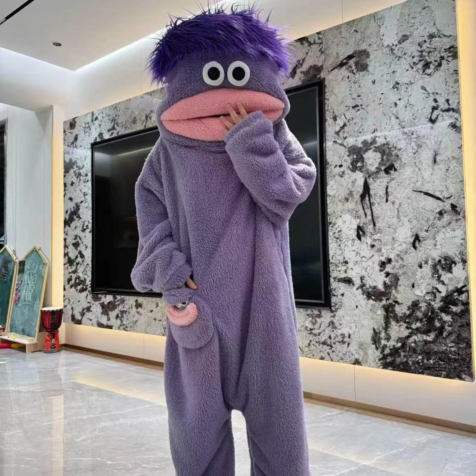 Tuta intera con mostro a bocca grande, per adulti, adolescenti, divertente, in peluche, costume di Halloween, con pettine, unisex, in pile, Viola, 6-9 Anni - immagine 2