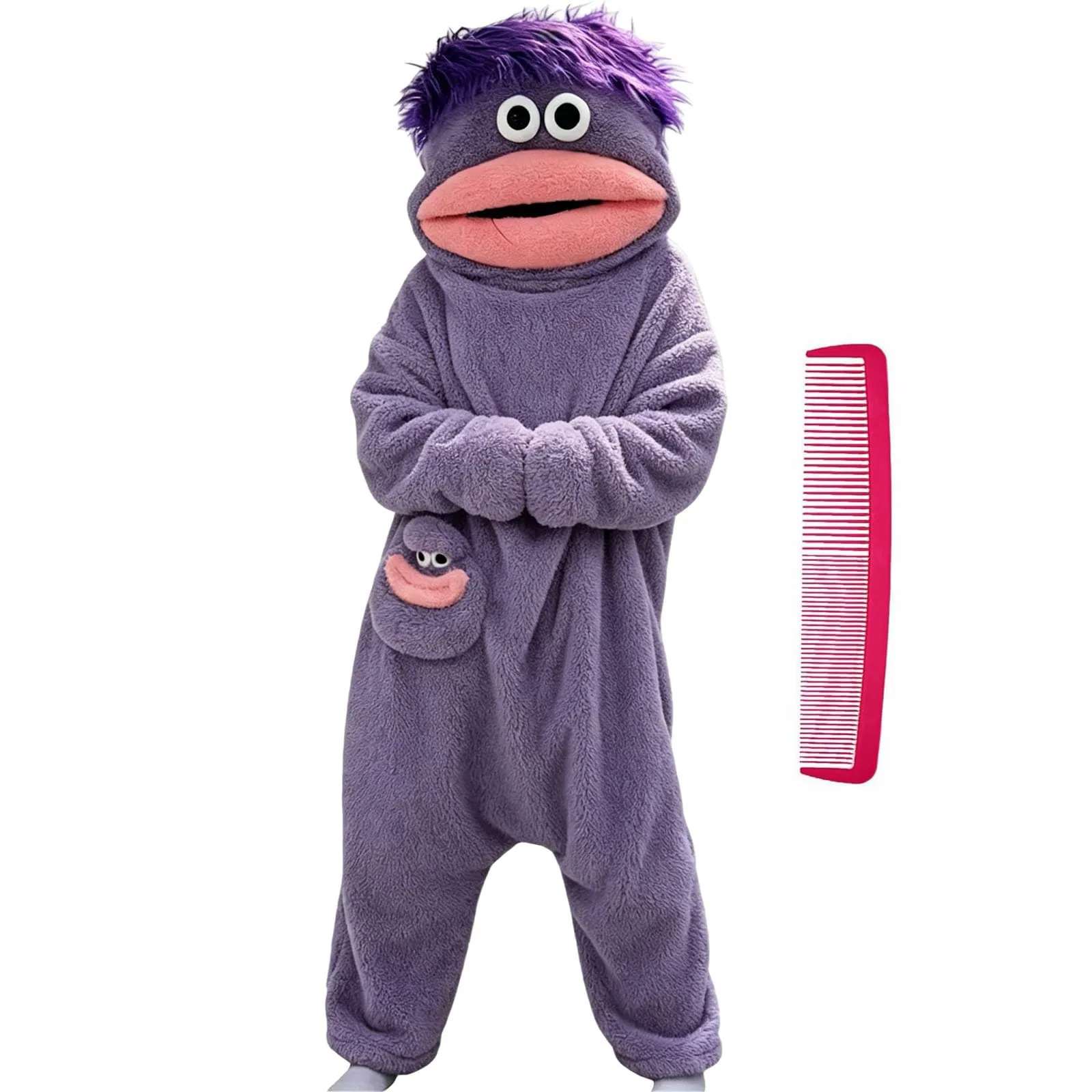 Tuta intera con mostro a bocca grande, per adulti, adolescenti, divertente, in peluche, costume di Halloween, con pettine, unisex, in pile, Viola, 2-5 Anni - immagine 1