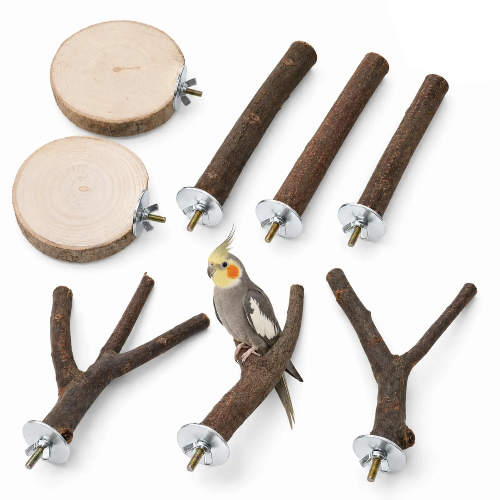 Layposy 8 Pezzi Posatoi Uccelli In Legno Naturali, Trespolo per Gabbia Finestra Per Pappagalli Canarini, Gioco Per Uccelli - immagine 1