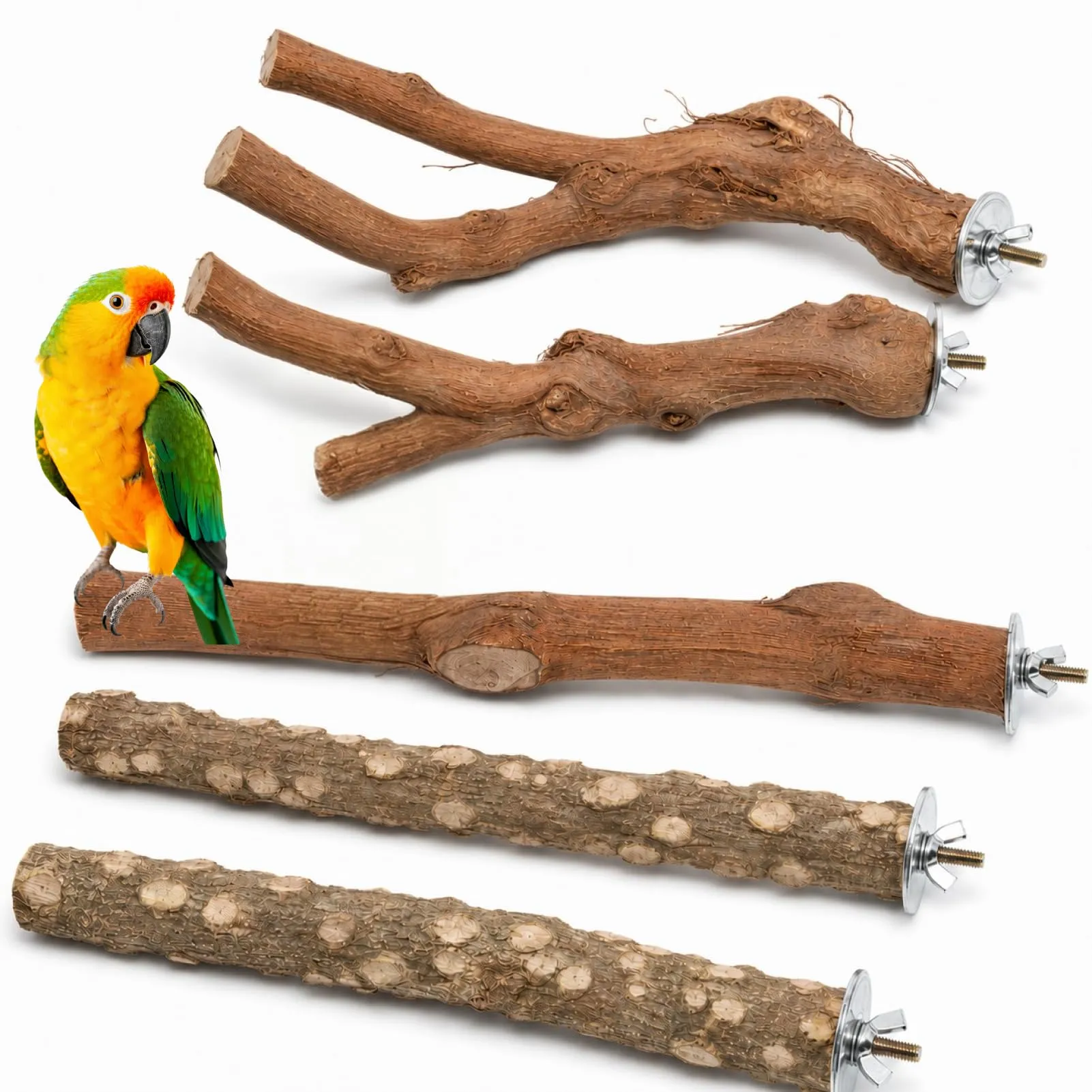 Layposy 5 Pezzi Posatoi Uccelli In vite Naturali, Trespolo per Gabbia Finestra Per Pappagalli Canarini, Gioco Per Uccelli - immagine 1