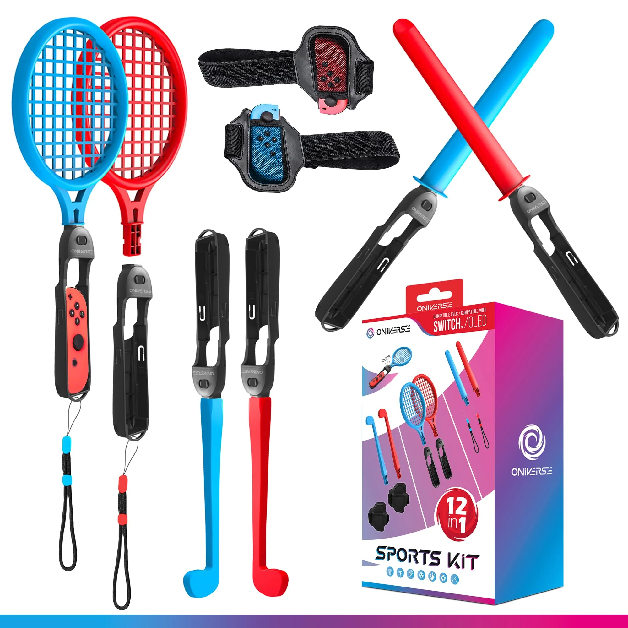 Oniverse Kit 12 in 1 di Accessori per Nintendo Switch Sport, Pack de accessori con laccetti, racchette, spade chanbara, mazze da golf, fasce per le gambe e maniglie universali per Joy Con - immagine 1