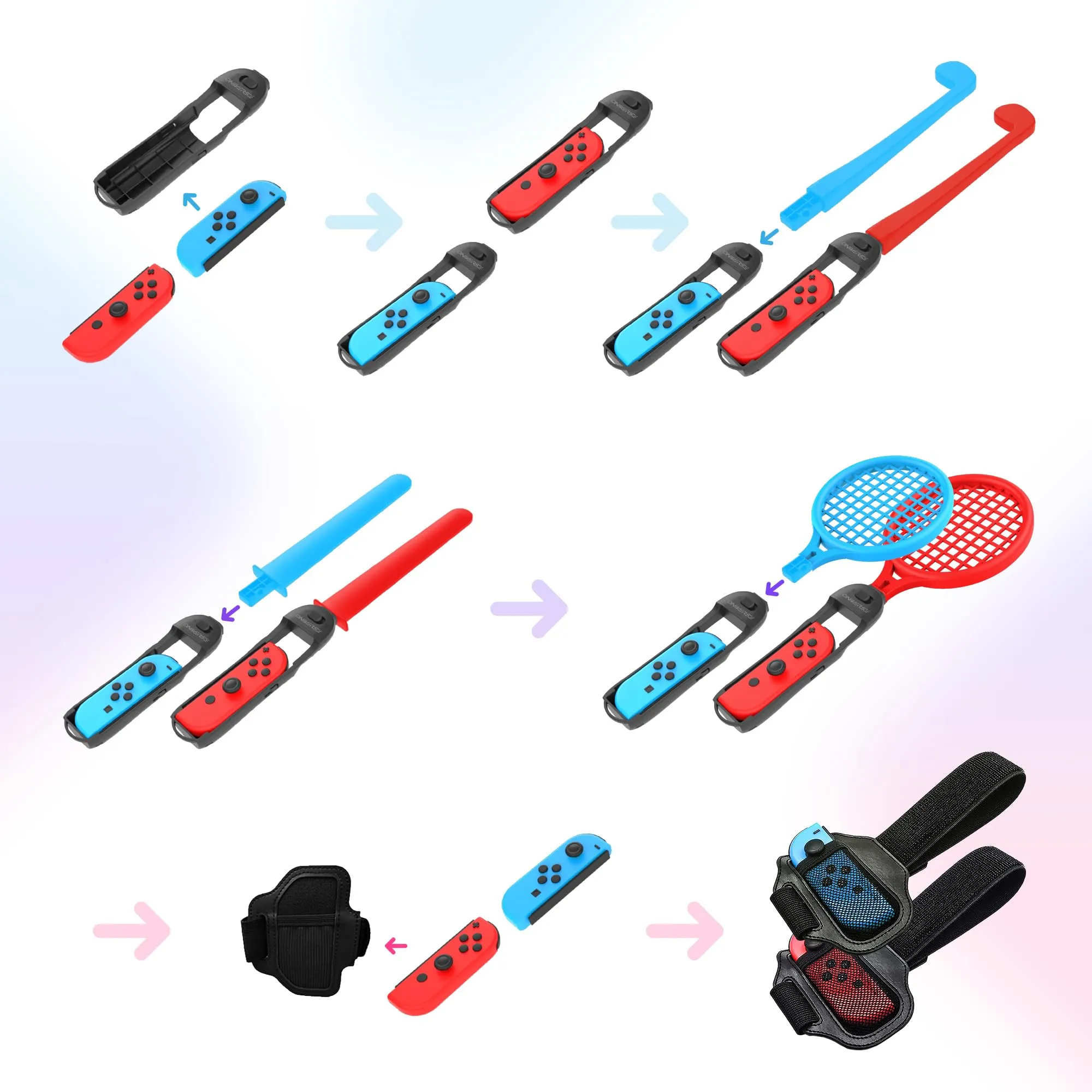 Oniverse Kit 12 in 1 di Accessori per Nintendo Switch Sport, Pack de accessori con laccetti, racchette, spade chanbara, mazze da golf, fasce per le gambe e maniglie universali per Joy Con - immagine 3