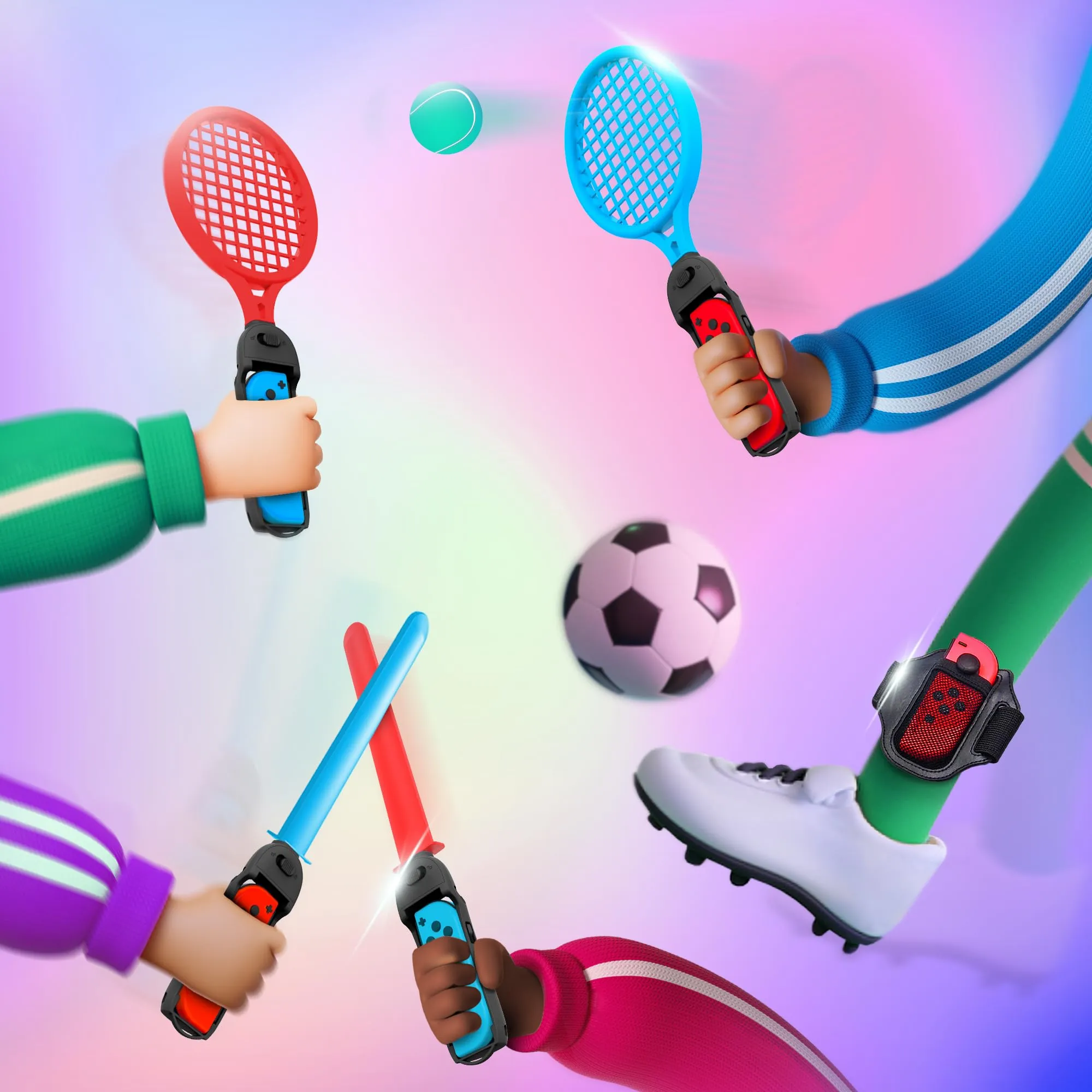Oniverse Kit 12 in 1 di Accessori per Nintendo Switch Sport, Pack de accessori con laccetti, racchette, spade chanbara, mazze da golf, fasce per le gambe e maniglie universali per Joy Con - immagine 4