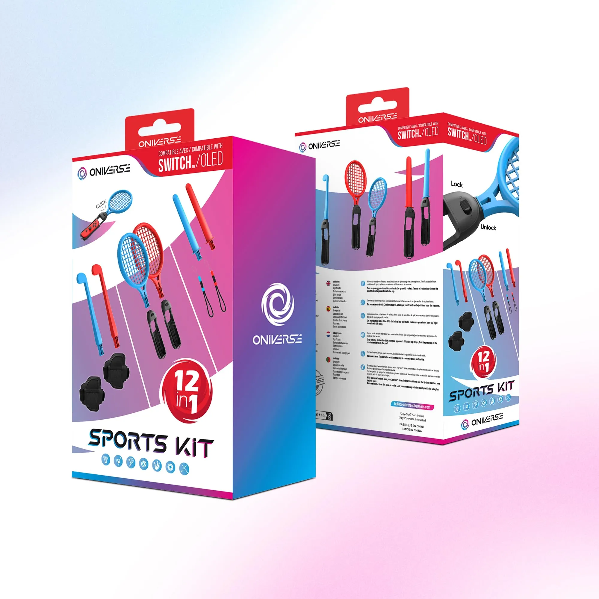 Oniverse Kit 12 in 1 di Accessori per Nintendo Switch Sport, Pack de accessori con laccetti, racchette, spade chanbara, mazze da golf, fasce per le gambe e maniglie universali per Joy Con - immagine 5