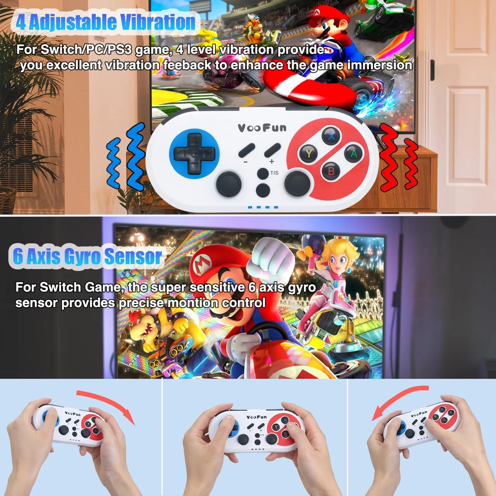 VooFun Controller Switch, Controller PC Bluetooth Wireless Joystick per Switch/Lite/OLED, PC Windows, PS3 con Giroscopio 6 Assi Sensore, Doppia Vibrazione e Turbo, Wake-up Switch Console (Bianco) - immagine 4