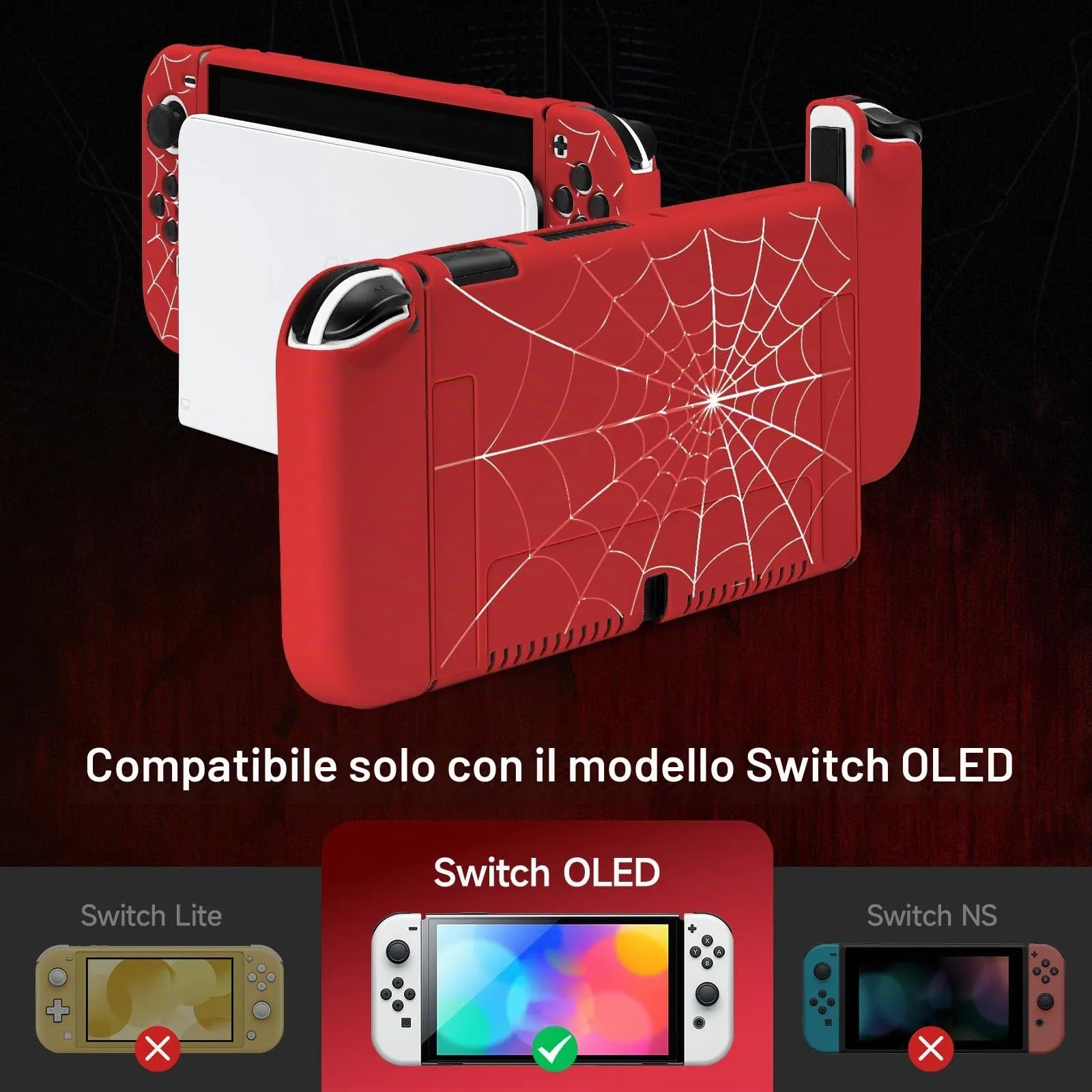 JINGDU - Custodia protettiva compatibile con Nintendo Switch OLED 2021, custodia in TPU per console Switch e JoyCon Grip, protezione per interruttore con 4 impugnature per pollice, Red Spider - immagine 2