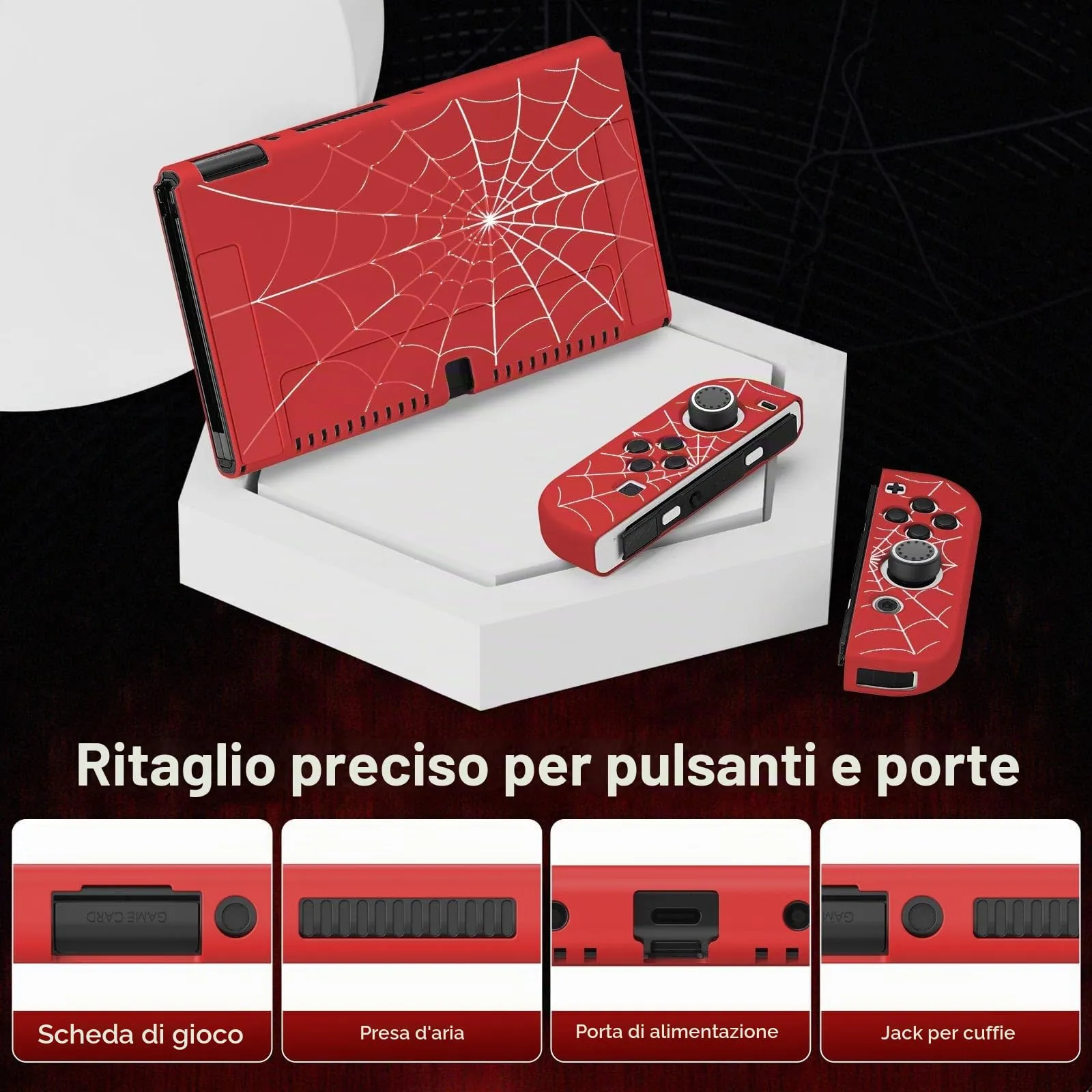 JINGDU - Custodia protettiva compatibile con Nintendo Switch OLED 2021, custodia in TPU per console Switch e JoyCon Grip, protezione per interruttore con 4 impugnature per pollice, Red Spider - immagine 3