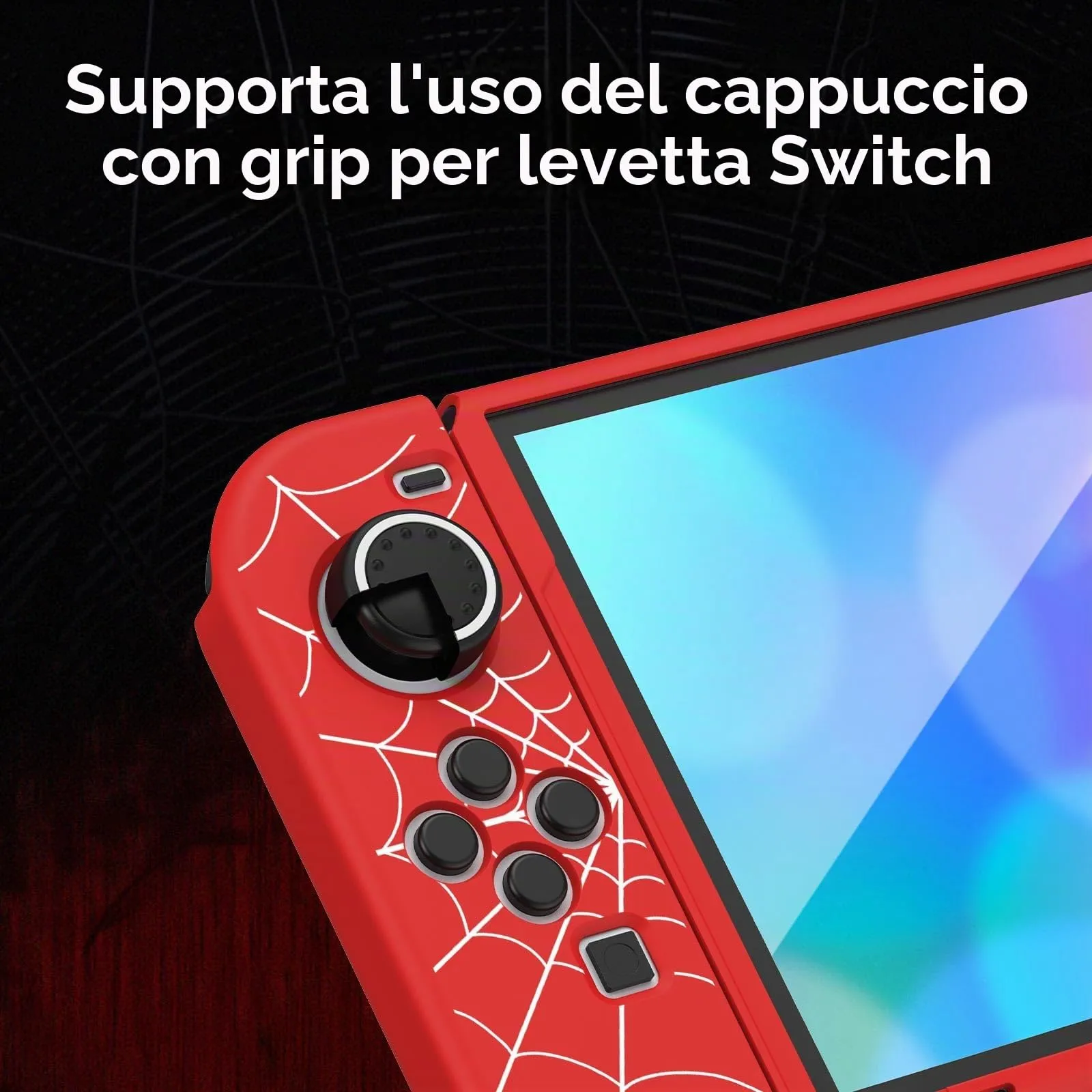 JINGDU - Custodia protettiva compatibile con Nintendo Switch OLED 2021, custodia in TPU per console Switch e JoyCon Grip, protezione per interruttore con 4 impugnature per pollice, Red Spider - immagine 4