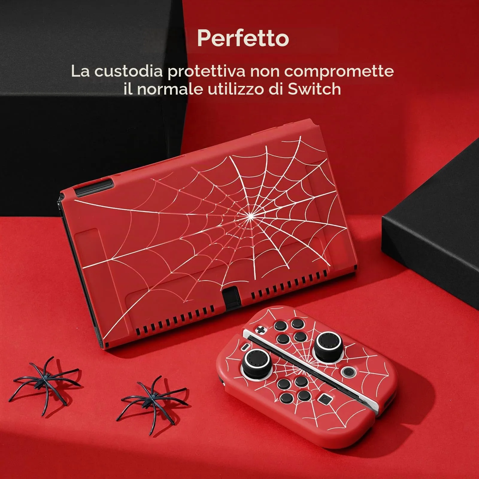 JINGDU - Custodia protettiva compatibile con Nintendo Switch OLED 2021, custodia in TPU per console Switch e JoyCon Grip, protezione per interruttore con 4 impugnature per pollice, Red Spider - immagine 5