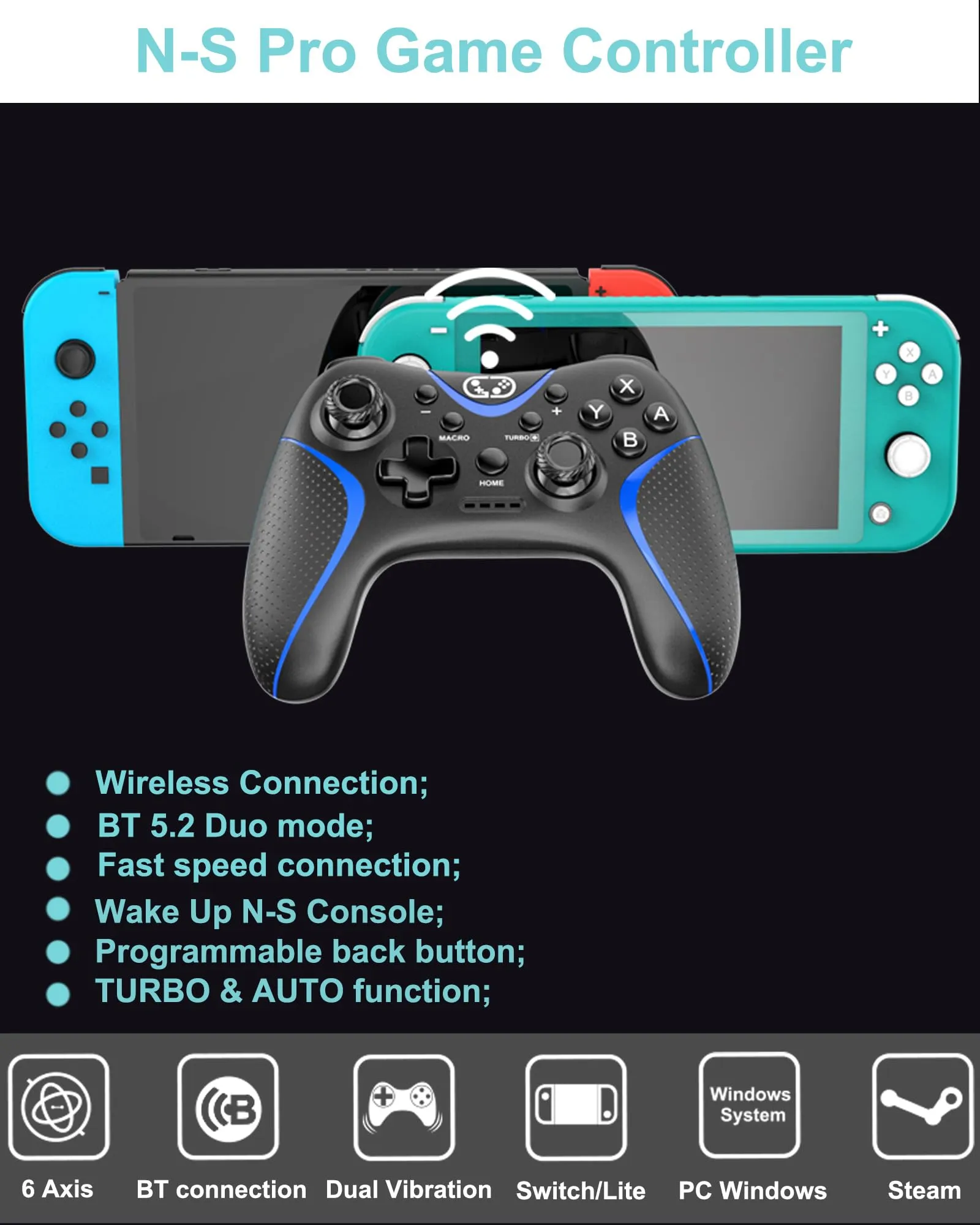 Cehensy Controller per Switch/Oled/Lite,Controller Switch con 6-Axis Gyro,Doppia Vibrazione,Turbo e Screenshot,Wireless Pro per Joystick Gamepad - immagine 2