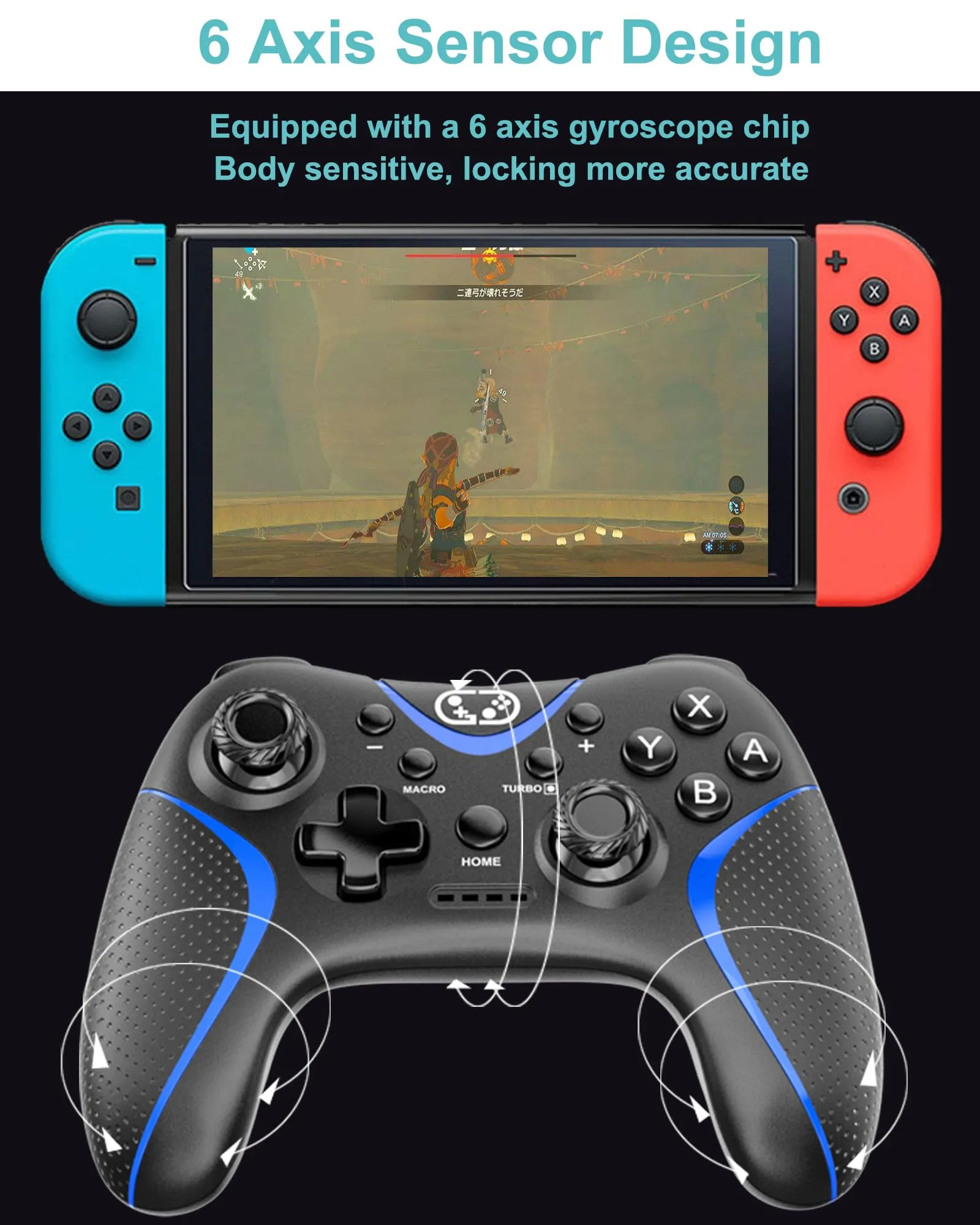 Cehensy Controller per Switch/Oled/Lite,Controller Switch con 6-Axis Gyro,Doppia Vibrazione,Turbo e Screenshot,Wireless Pro per Joystick Gamepad - immagine 3