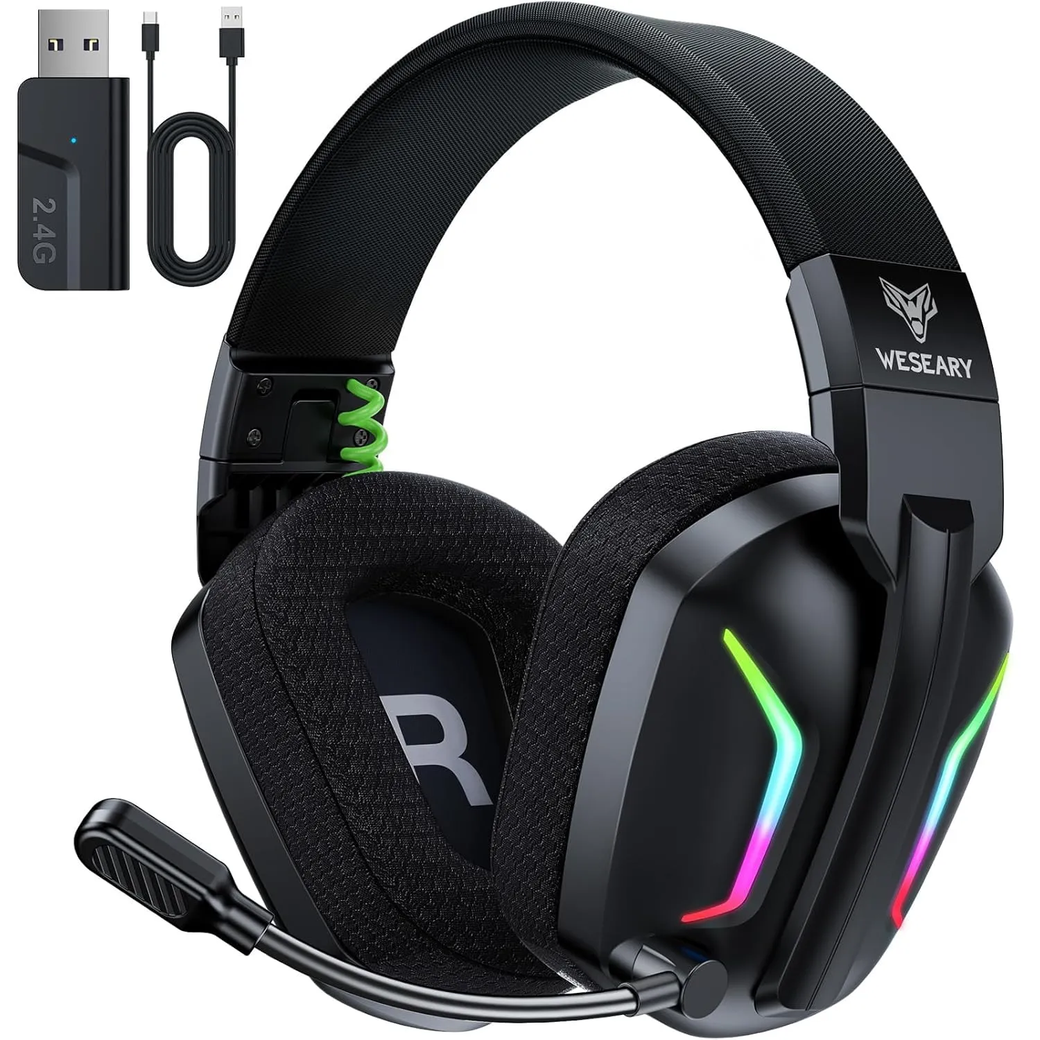 WESEARY WG1 Cuffie Gaming Wireless, 2,4 GHz Cuffie Gaming con Microfono per PS5, PS4, PC, Switch, Mac, Mobile, Cuffie per PS5 con Stereo, Cuffie Bluetooth Over Ear con Luce LED, Batteria da 50 Ore - immagine 1