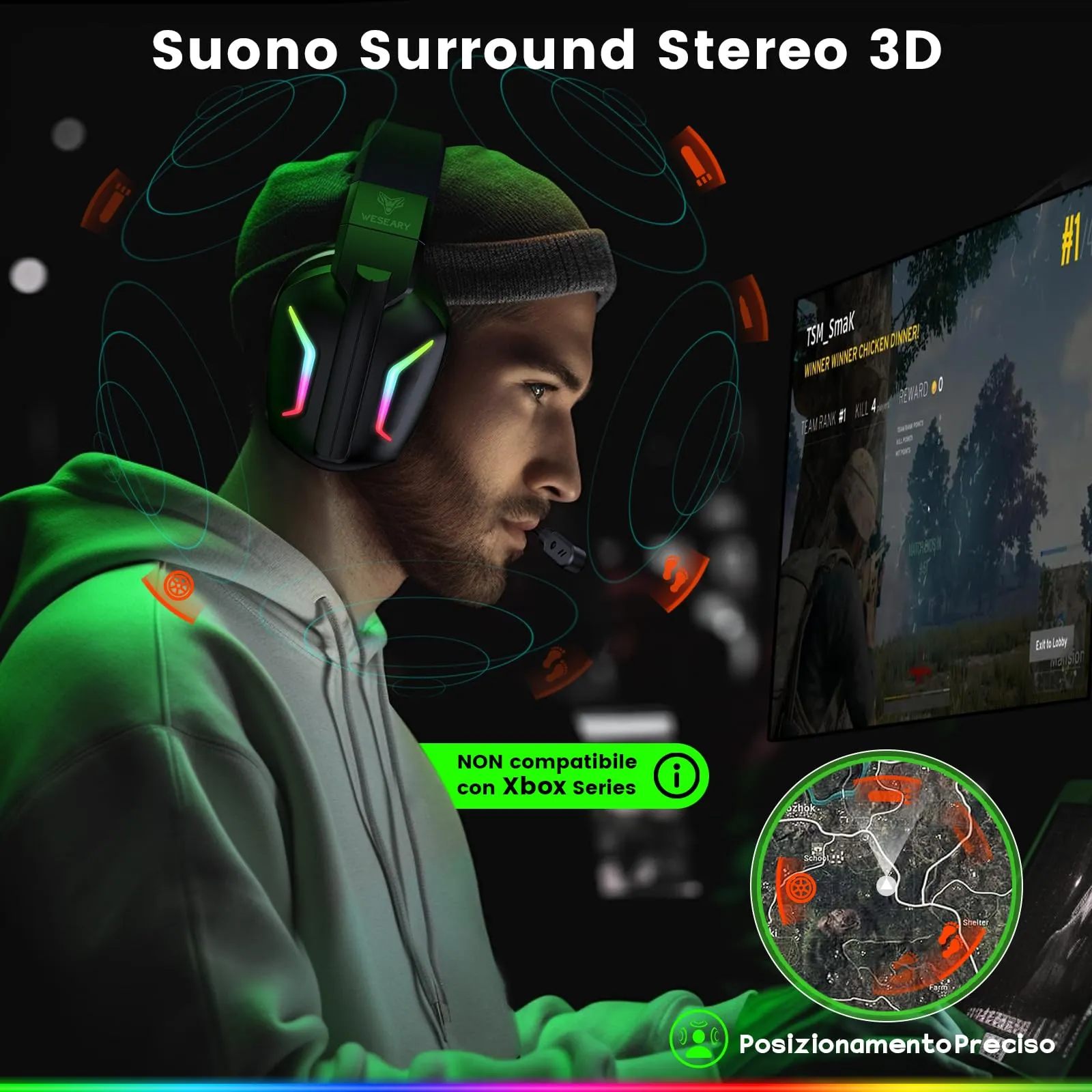 WESEARY WG1 Cuffie Gaming Wireless, 2,4 GHz Cuffie Gaming con Microfono per PS5, PS4, PC, Switch, Mac, Mobile, Cuffie per PS5 con Stereo, Cuffie Bluetooth Over Ear con Luce LED, Batteria da 50 Ore - immagine 3