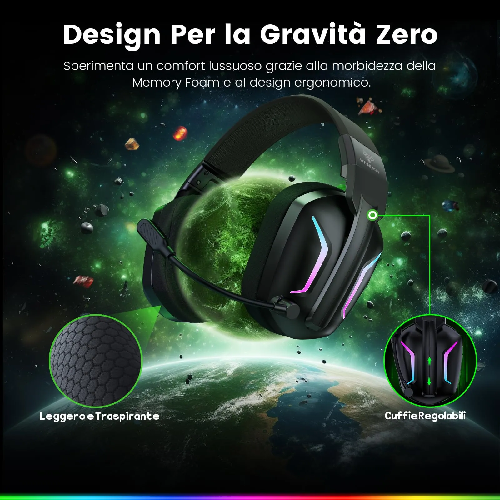 WESEARY WG1 Cuffie Gaming Wireless, 2,4 GHz Cuffie Gaming con Microfono per PS5, PS4, PC, Switch, Mac, Mobile, Cuffie per PS5 con Stereo, Cuffie Bluetooth Over Ear con Luce LED, Batteria da 50 Ore - immagine 7