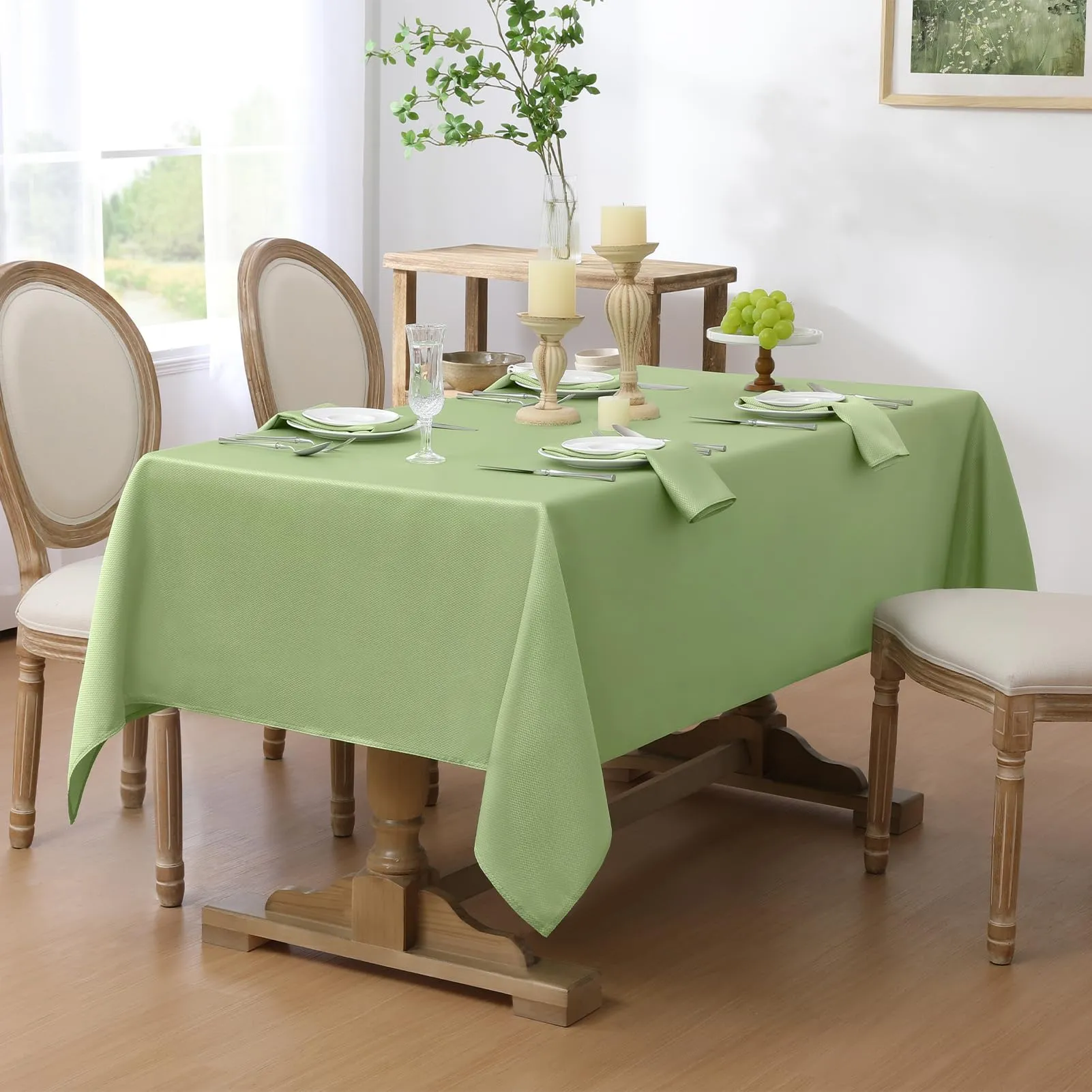 Softalker Tovaglia rettangolare con motivo primaverile, in jacquard lucido, impermeabile, a prova di perdite, lavabile, per feste, cene, 152 x 360 cm, salvia - immagine 2