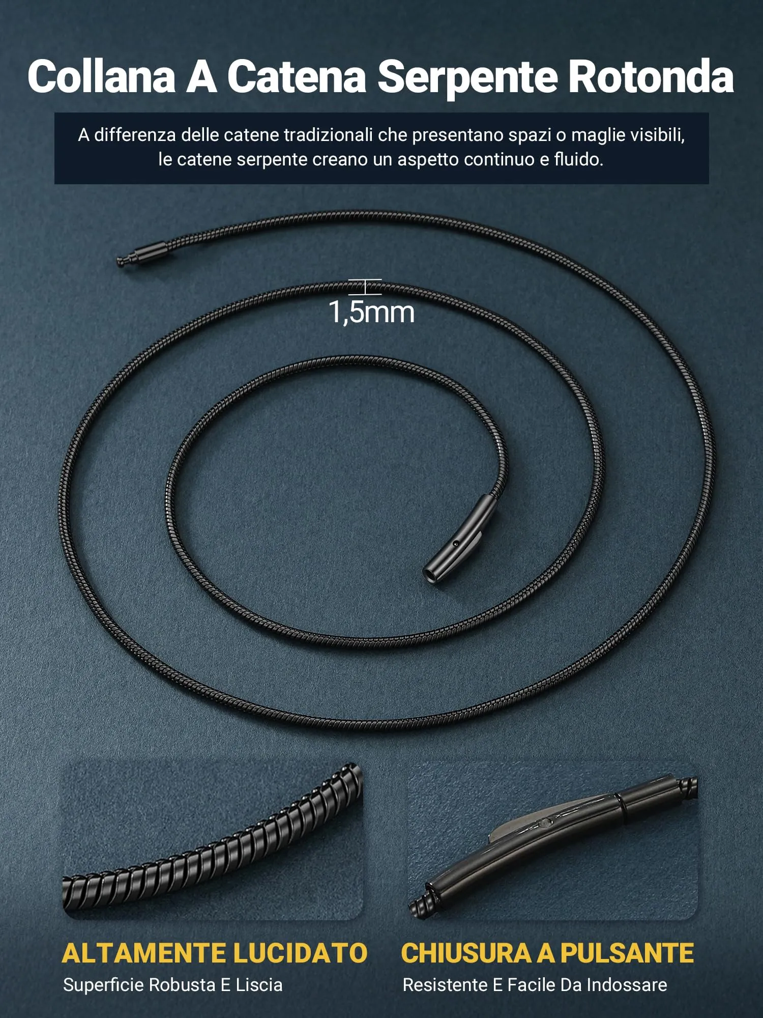 PROSTEEL Collana a Serpente Nero, 1,5mm 66cm, Collana Uomo Acciaio, Serpentina Agile, Catenina Versatile Solo o Impilato, Impermeabile - immagine 5