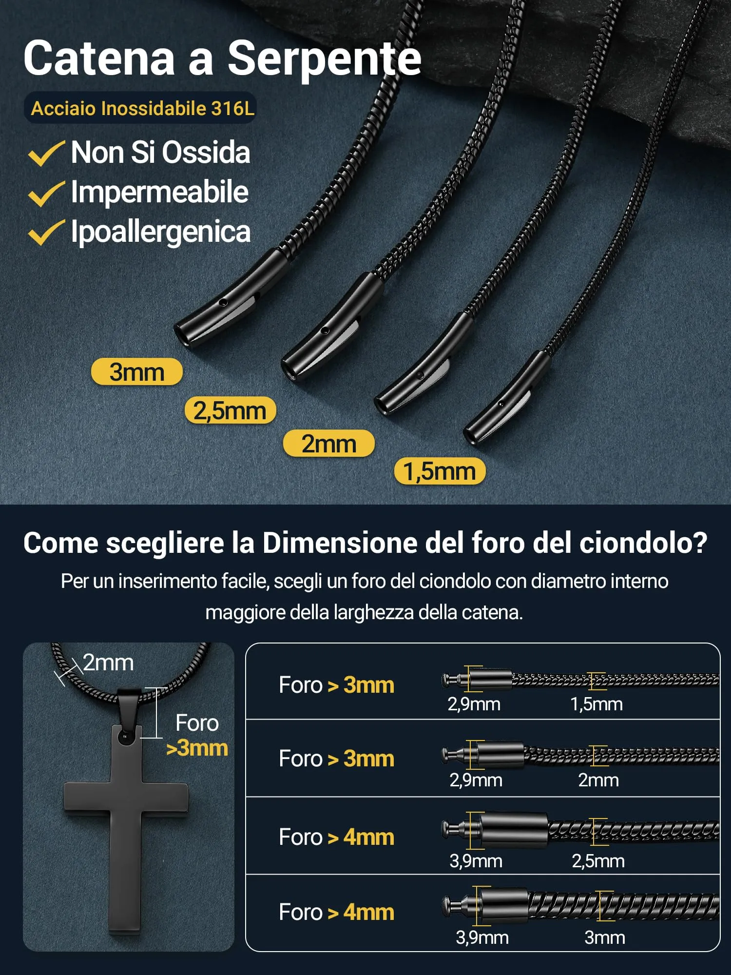PROSTEEL Collana a Serpente Nero, 2,5mm 76cm, Collana Uomo Acciaio, Serpentina Agile, Catenina Versatile Solo o Impilato, Impermeabile - immagine 3