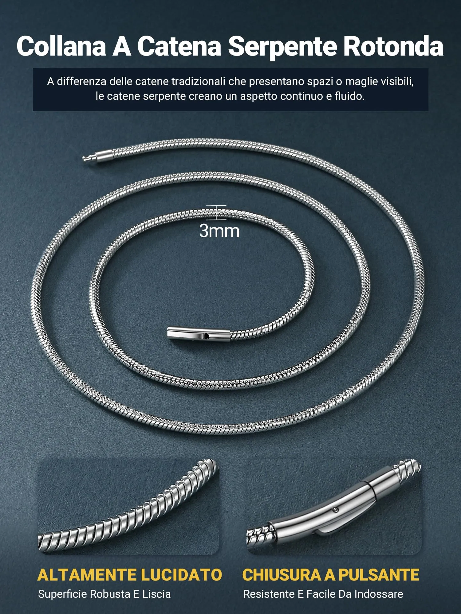 PROSTEEL Collana a Serpente Argento, 3mm 61cm, Collana Uomo Acciaio, Serpentina Agile, Catenina Versatile Solo o Impilato, Impermeabile - immagine 6