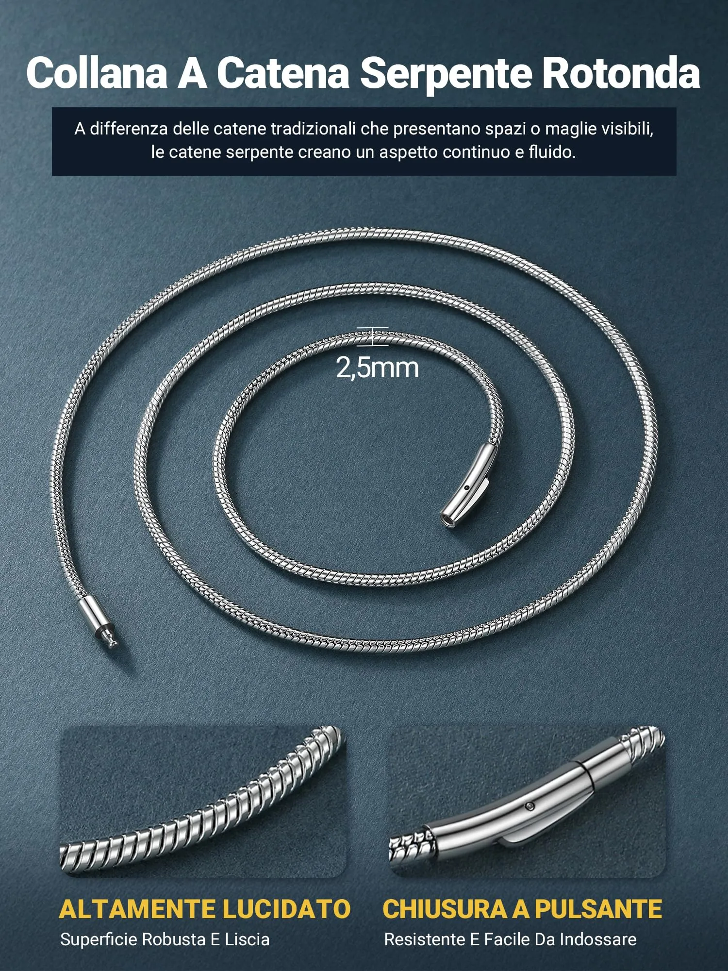PROSTEEL Collana a Serpente Argento, 2,5mm 41cm, Collana Uomo Acciaio, Serpentina Agile, Catenina Versatile Solo o Impilato, Impermeabile - immagine 5