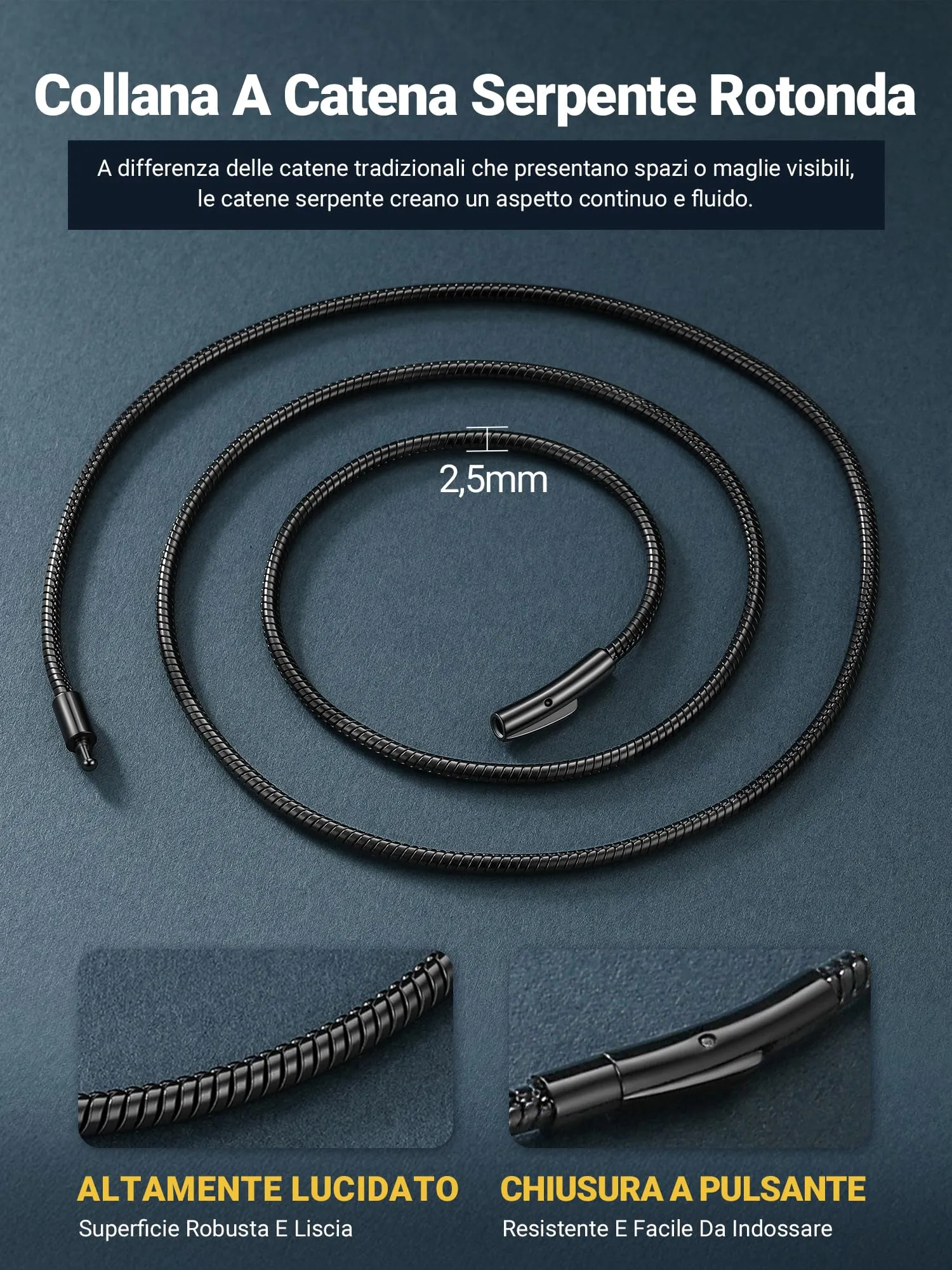 PROSTEEL Collana a Serpente Nero, 2,5mm 55cm, Collana Uomo Acciaio, Serpentina Agile, Catenina Versatile Solo o Impilato, Impermeabile - immagine 7