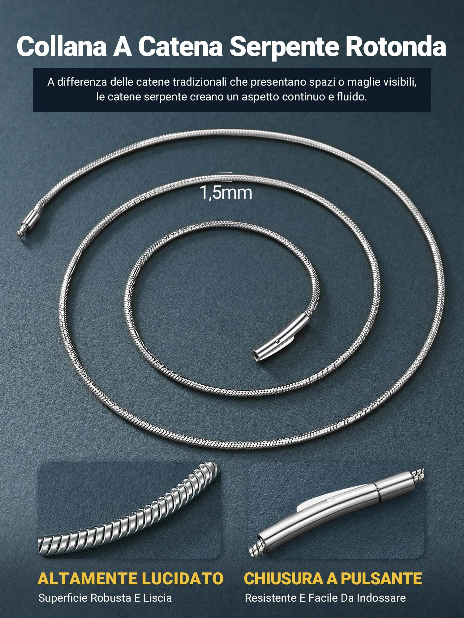PROSTEEL Collana a Serpente Argento, 1,5mm 61cm, Collana Uomo Acciaio, Serpentina Agile, Catenina Versatile Solo o Impilato, Impermeabile - immagine 8