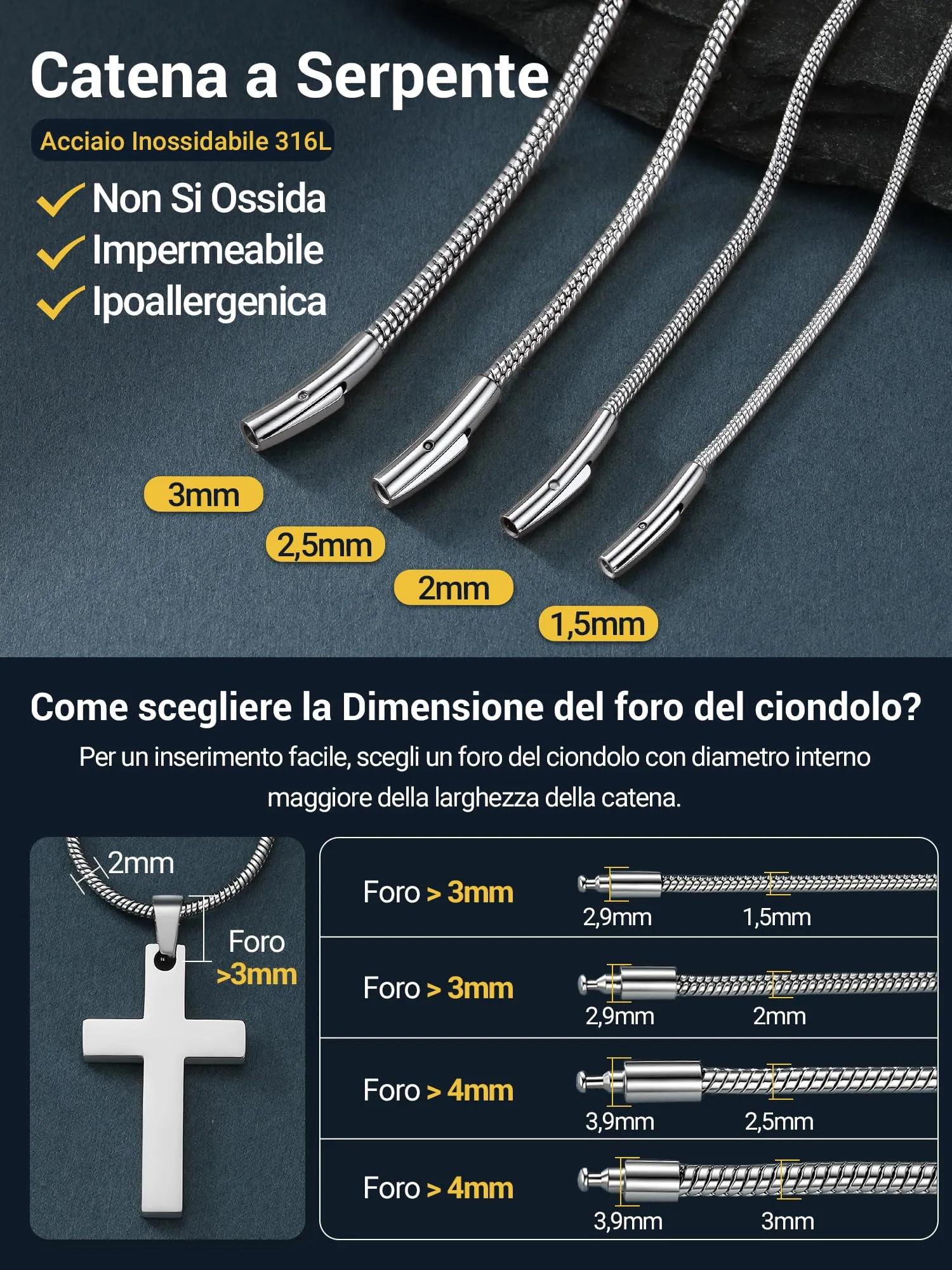 PROSTEEL Collana a Serpente Argento, 2,5mm 55cm, Collana Uomo Acciaio, Serpentina Agile, Catenina Versatile Solo o Impilato, Impermeabile - immagine 6
