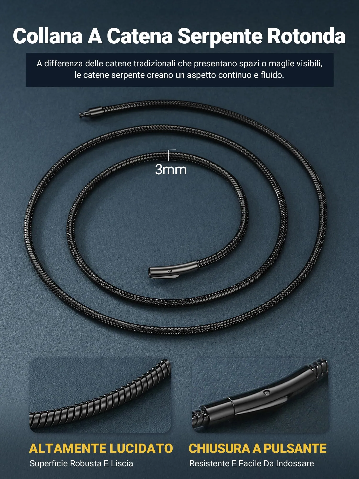 PROSTEEL Collana a Serpente Nero, 3mm 76cm, Collana Uomo Acciaio, Serpentina Agile, Catenina Versatile Solo o Impilato, Impermeabile - immagine 3