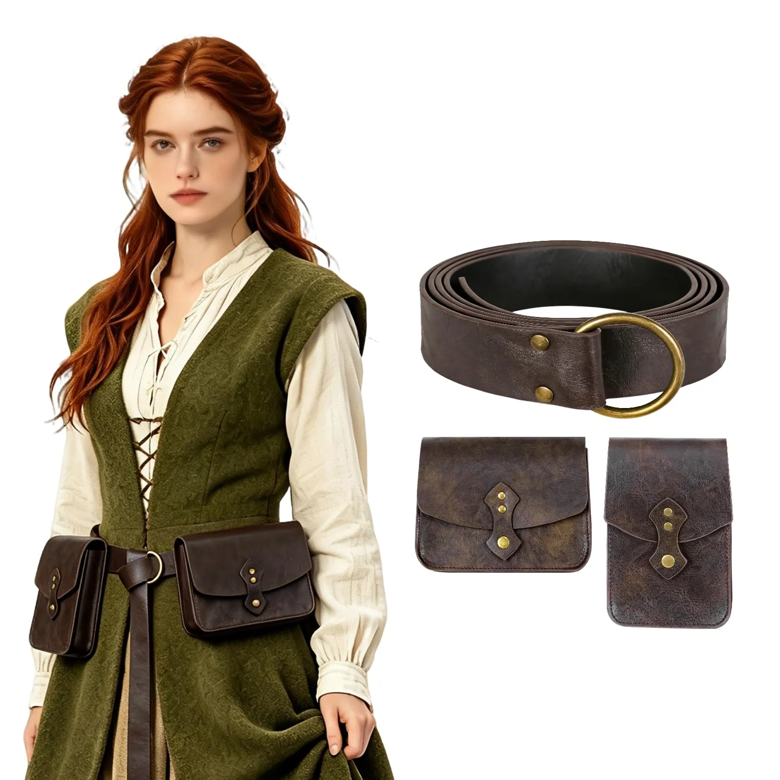 EpicCos Marsupio rinascimentale, medievale pirata Cosplay accessori per LARP, marsupio in pelle vintage con cintura Ren Faire, Marrone D, Vintage - immagine 2