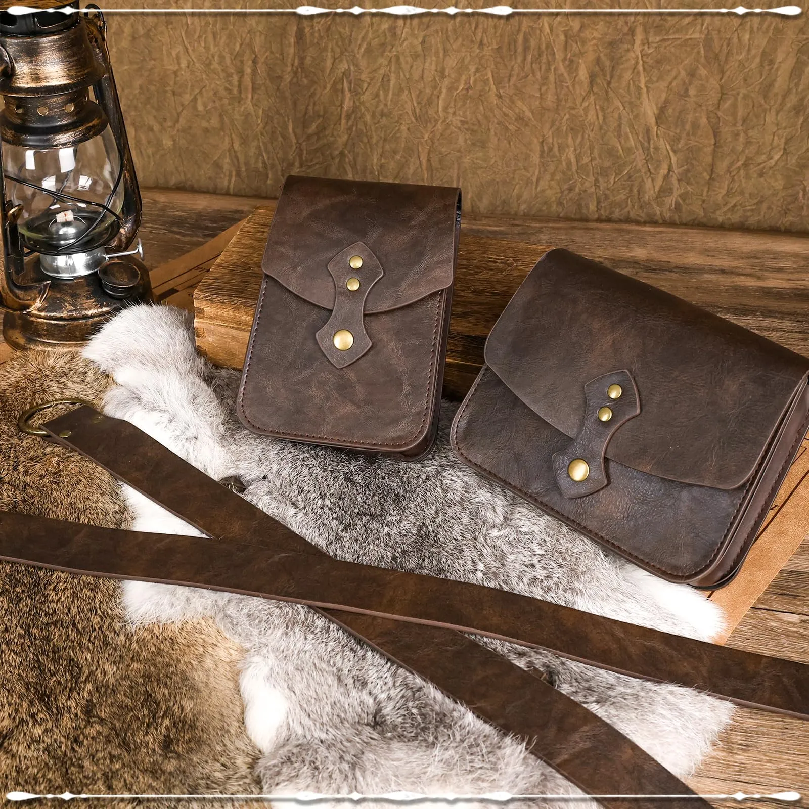 EpicCos Marsupio rinascimentale, medievale pirata Cosplay accessori per LARP, marsupio in pelle vintage con cintura Ren Faire, Marrone D, Vintage - immagine 3