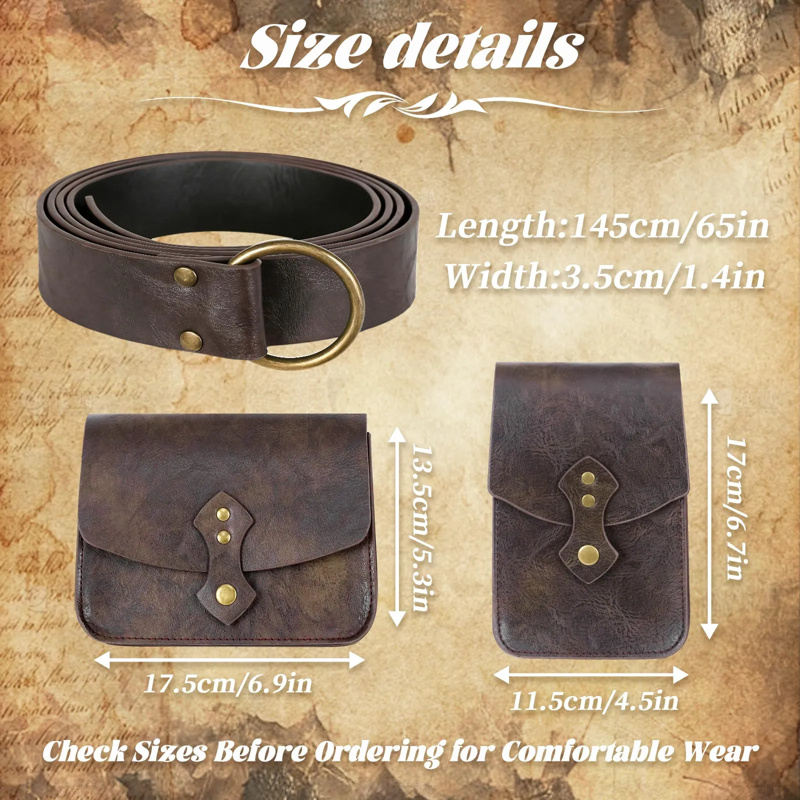 EpicCos Marsupio rinascimentale, medievale pirata Cosplay accessori per LARP, marsupio in pelle vintage con cintura Ren Faire, Marrone D, Vintage - immagine 4