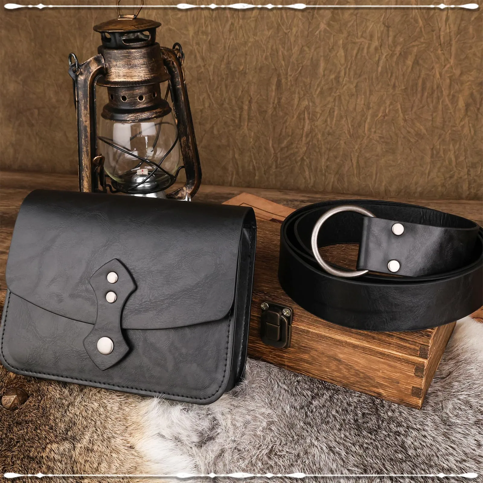 EpicCos Ren Faire - Borsa da cintura rinascimentale, stile medievale, per cosplay, accessori per LARP, in pelle, vintage, con cintura, Nero C, Vintage - immagine 3