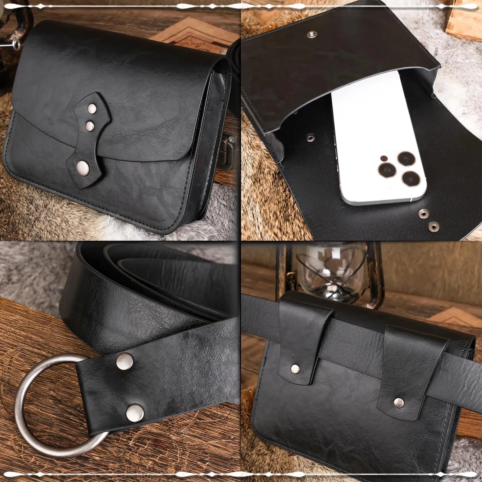 EpicCos Ren Faire - Borsa da cintura rinascimentale, stile medievale, per cosplay, accessori per LARP, in pelle, vintage, con cintura, Nero C, Vintage - immagine 5