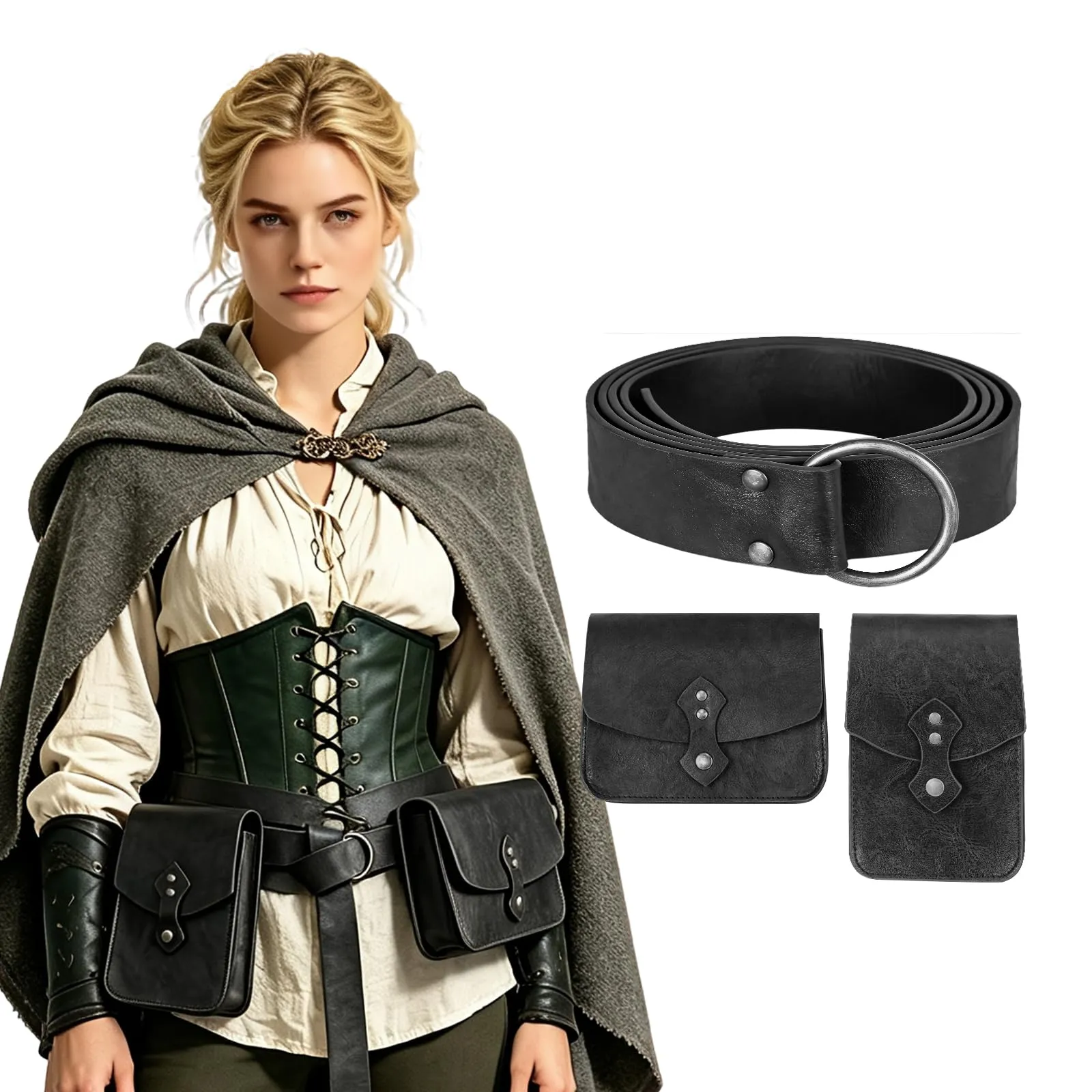 EpicCos Marsupio rinascimentale, medievale pirata Cosplay accessori per LARP, marsupio in pelle vintage con cintura Ren Faire, Nero D, Vintage - immagine 2