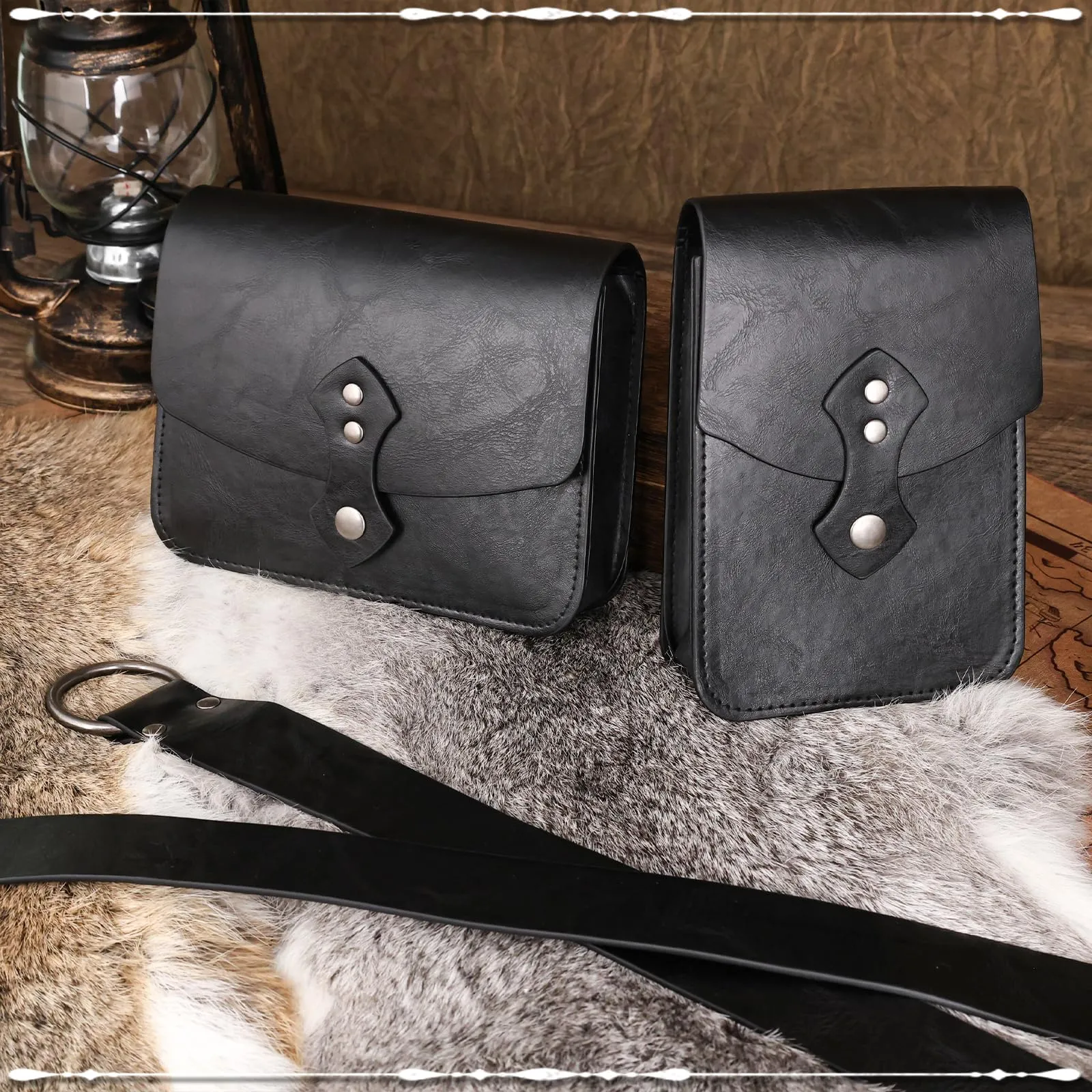 EpicCos Marsupio rinascimentale, medievale pirata Cosplay accessori per LARP, marsupio in pelle vintage con cintura Ren Faire, Nero D, Vintage - immagine 3