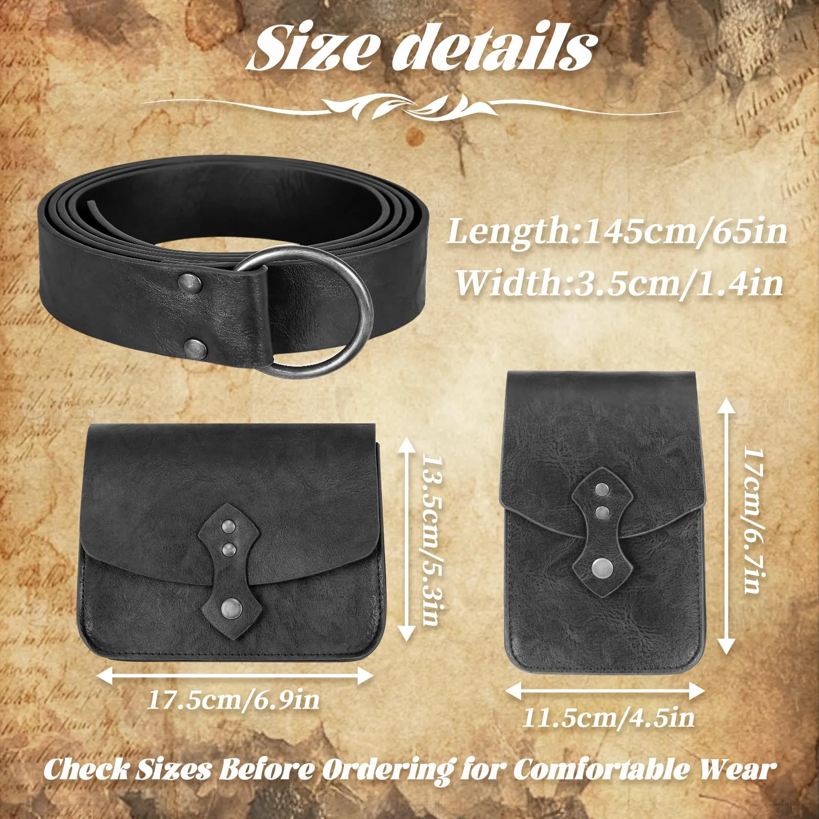 EpicCos Marsupio rinascimentale, medievale pirata Cosplay accessori per LARP, marsupio in pelle vintage con cintura Ren Faire, Nero D, Vintage - immagine 4