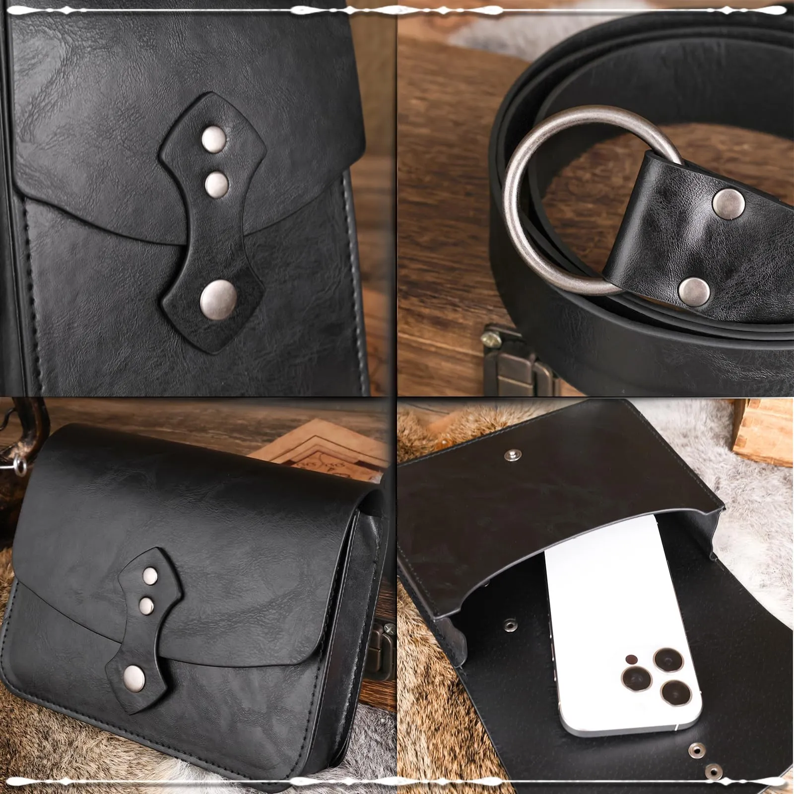 EpicCos Marsupio rinascimentale, medievale pirata Cosplay accessori per LARP, marsupio in pelle vintage con cintura Ren Faire, Nero D, Vintage - immagine 5