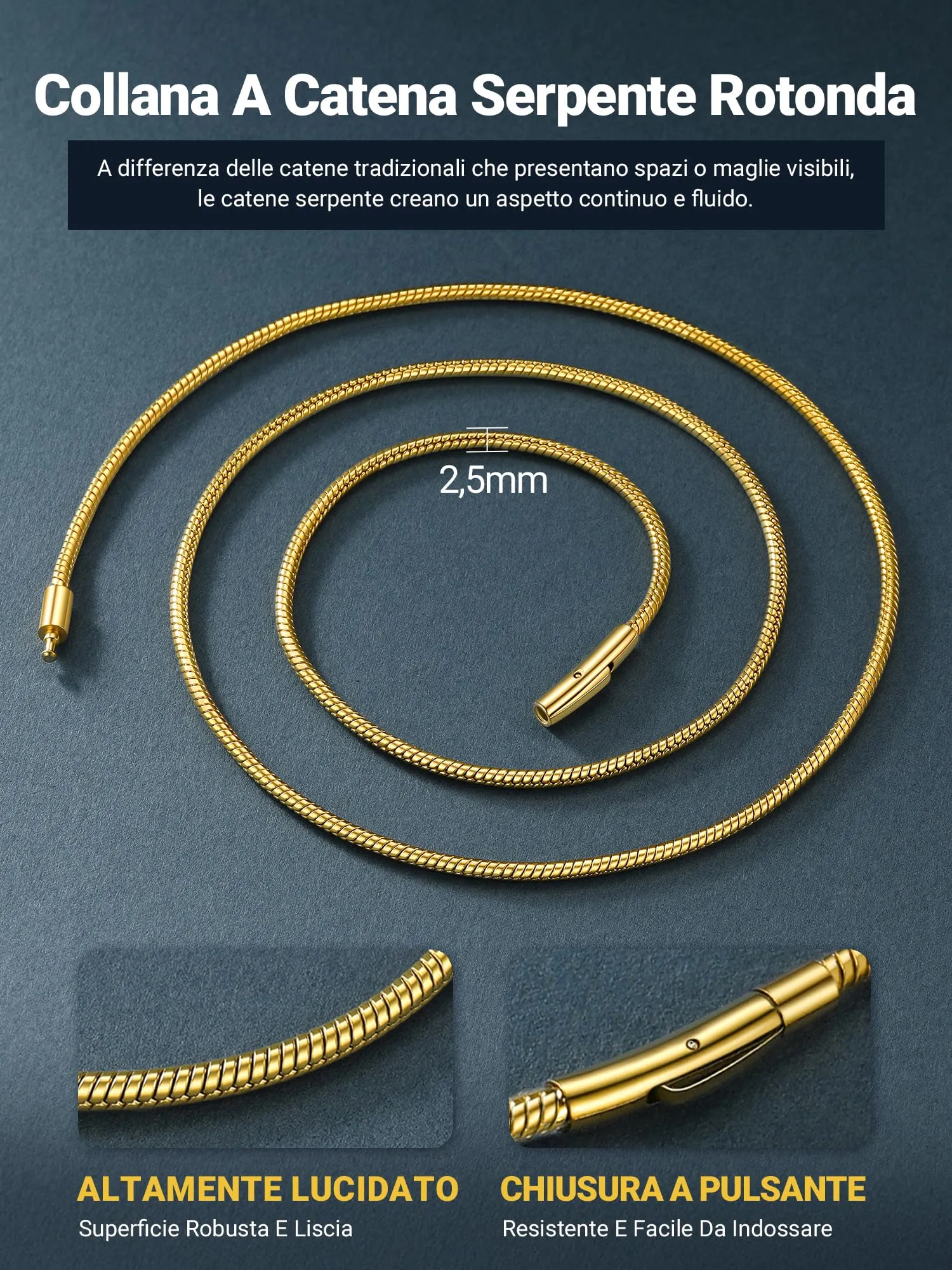PROSTEEL Collana a Serpente Oro, 2,5mm 66cm, Collana Uomo Acciaio, Serpentina Agile, Catenina Versatile Solo o Impilato, Impermeabile - immagine 6