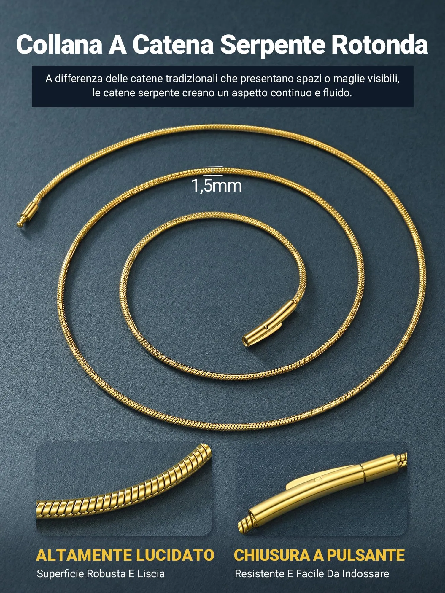 PROSTEEL Collana a Serpente Oro, 1,5mm 71cm, Collana Uomo Acciaio, Serpentina Agile, Catenina Versatile Solo o Impilato, Impermeabile - immagine 6