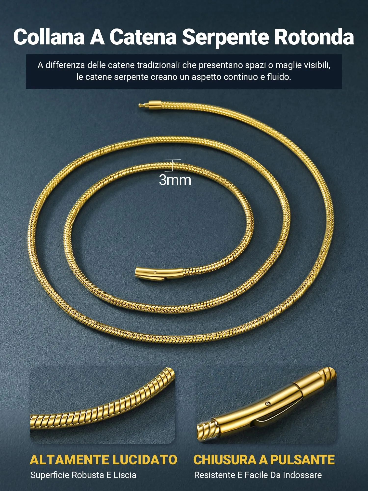 PROSTEEL Collana a Serpente Oro, 3mm 76cm, Collana Uomo Acciaio, Serpentina Agile, Catenina Versatile Solo o Impilato, Impermeabile - immagine 6