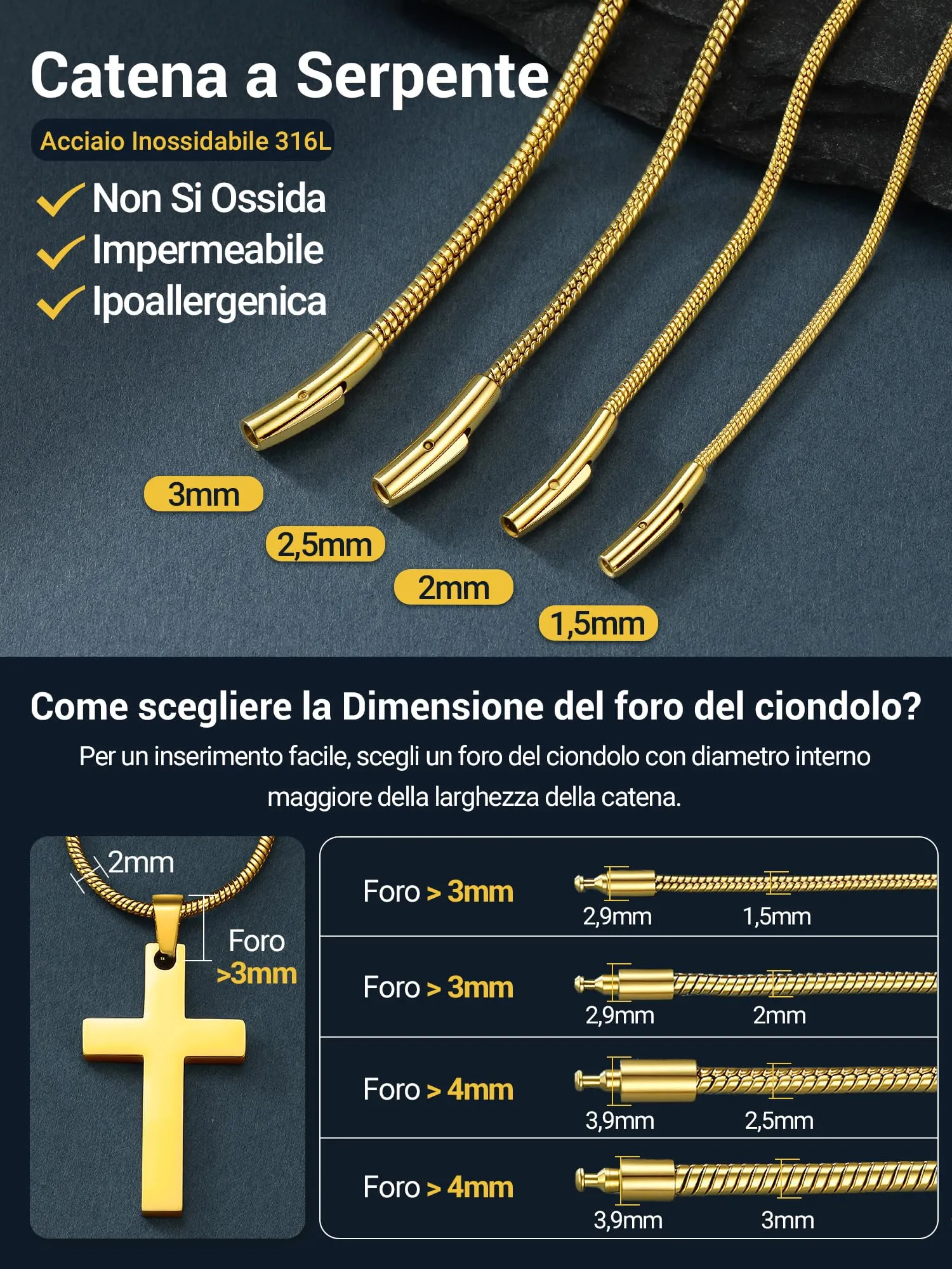 PROSTEEL Collana a Serpente Oro, 3mm 55cm, Collana Uomo Acciaio, Serpentina Agile, Catenina Versatile Solo o Impilato, Impermeabile - immagine 5