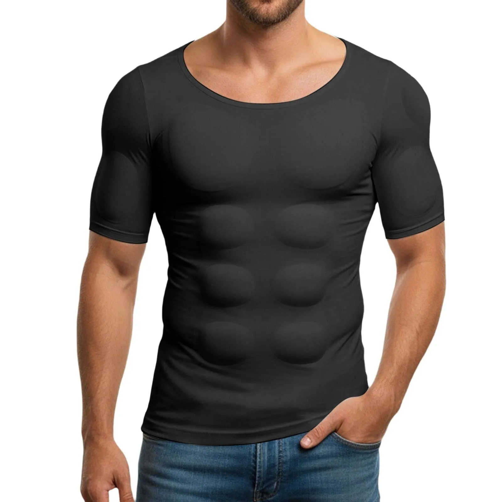 Maglietta da uomo con imbottitura invisibile sul petto e base imbottita per muscoli e cintura corporea, top senza maniche aderente ed elastico, top interno modellante, top a compressione, nero, S - immagine 1