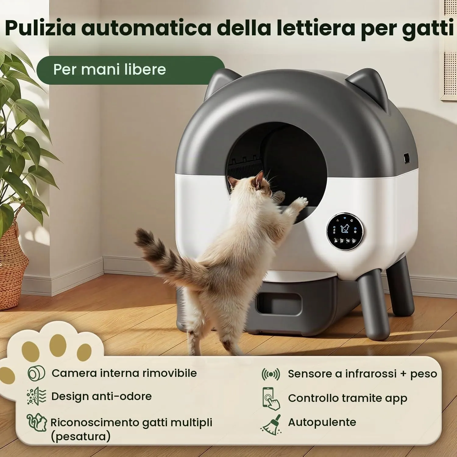 Lettiera Gatto Autopulente XXL, 89L Lettiera Autopulente per Gatti, Controllo App, Sensori di Sicurezza, 6 Luci, Eliminazione Odori, Silenziosa, Facile da Pulire, Lettier Automatica per Più Gatti - immagine 2