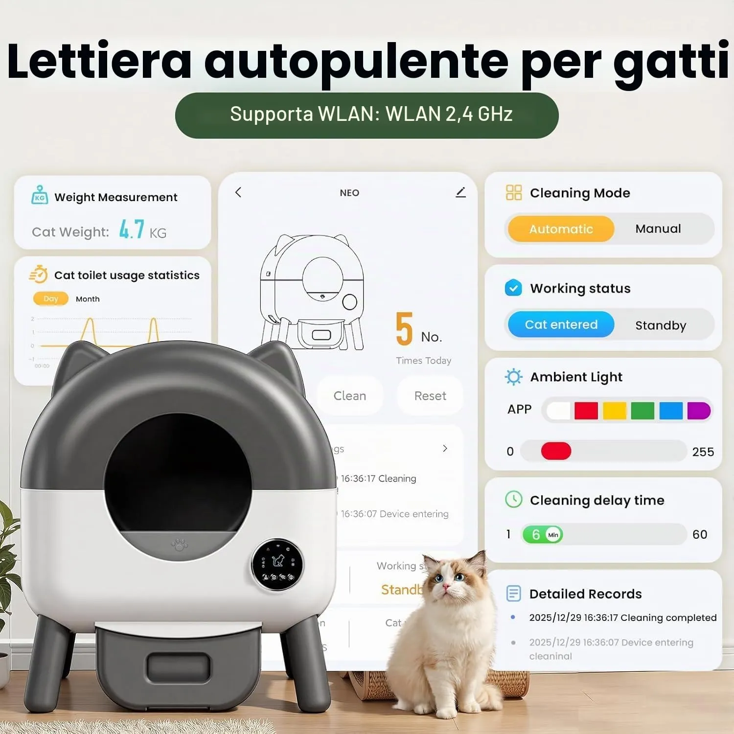 Lettiera Gatto Autopulente XXL, 89L Lettiera Autopulente per Gatti, Controllo App, Sensori di Sicurezza, 6 Luci, Eliminazione Odori, Silenziosa, Facile da Pulire, Lettier Automatica per Più Gatti - immagine 3